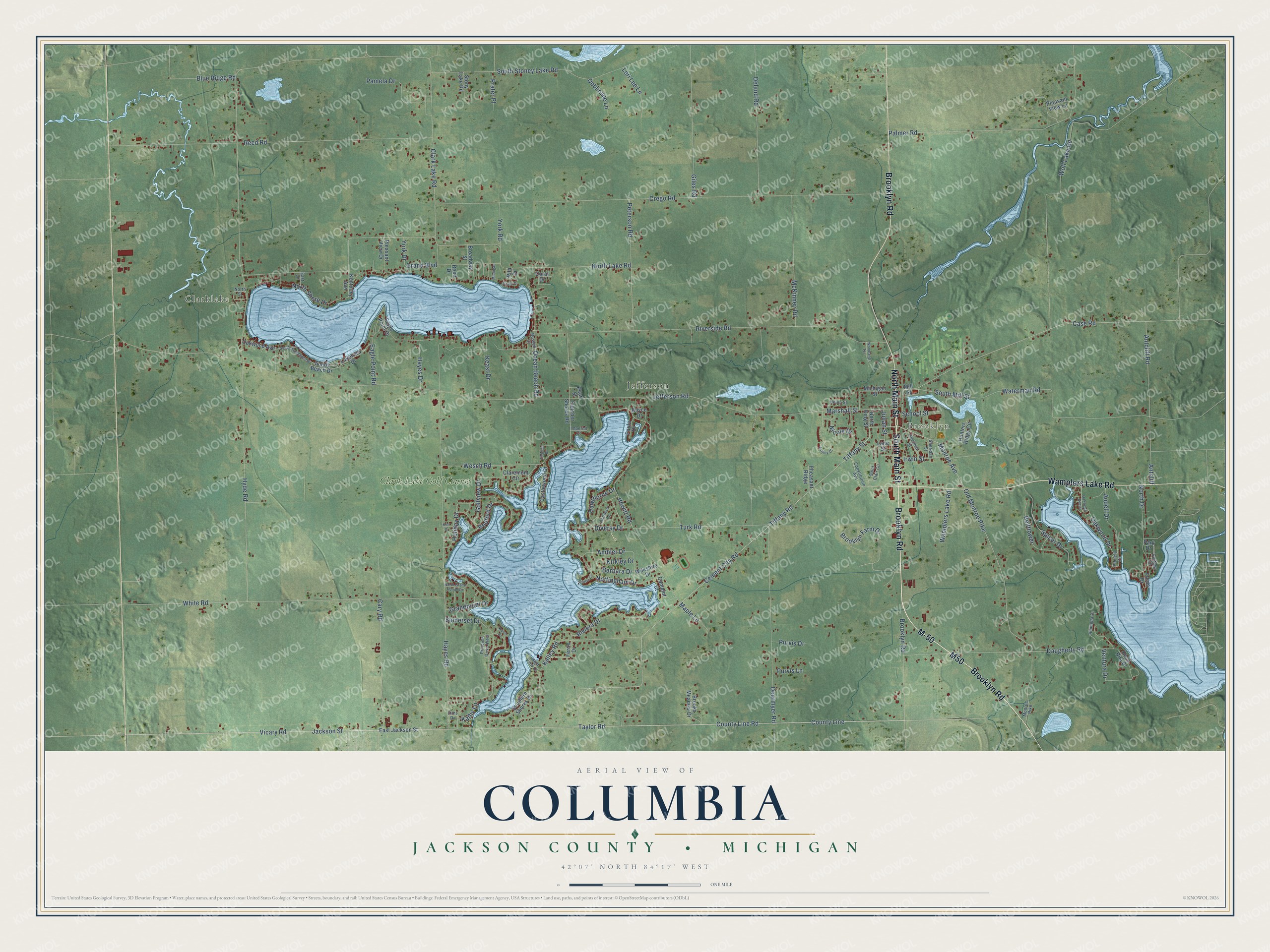 Full map of Columbia, Michigan, with red buildings, printed street names and the land around them