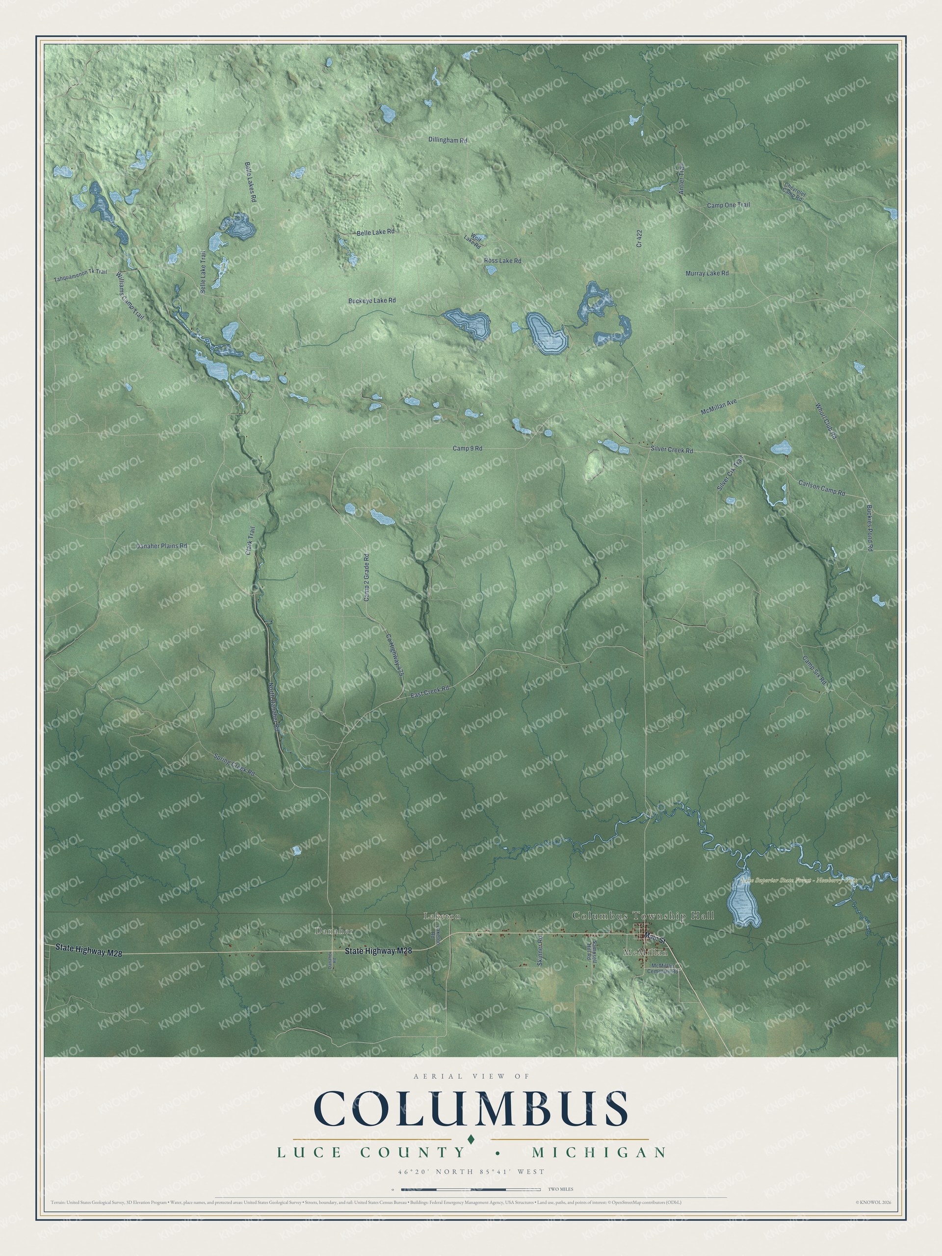 Full map of Columbus, Michigan, with red buildings, printed street names and the land around them