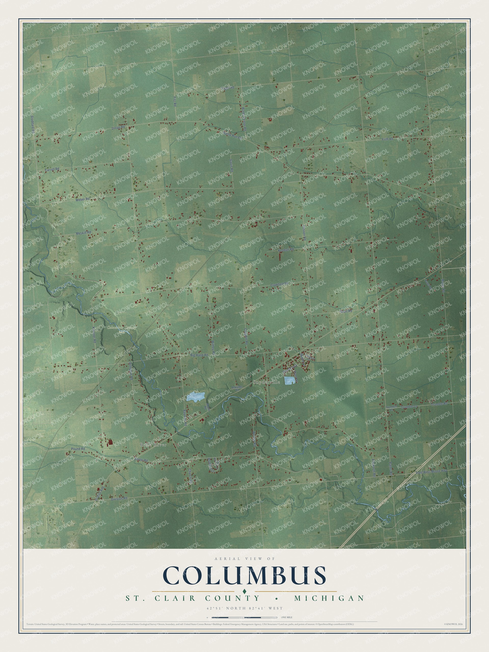 Full map of Columbus, Michigan, with red buildings, printed street names and the land around them