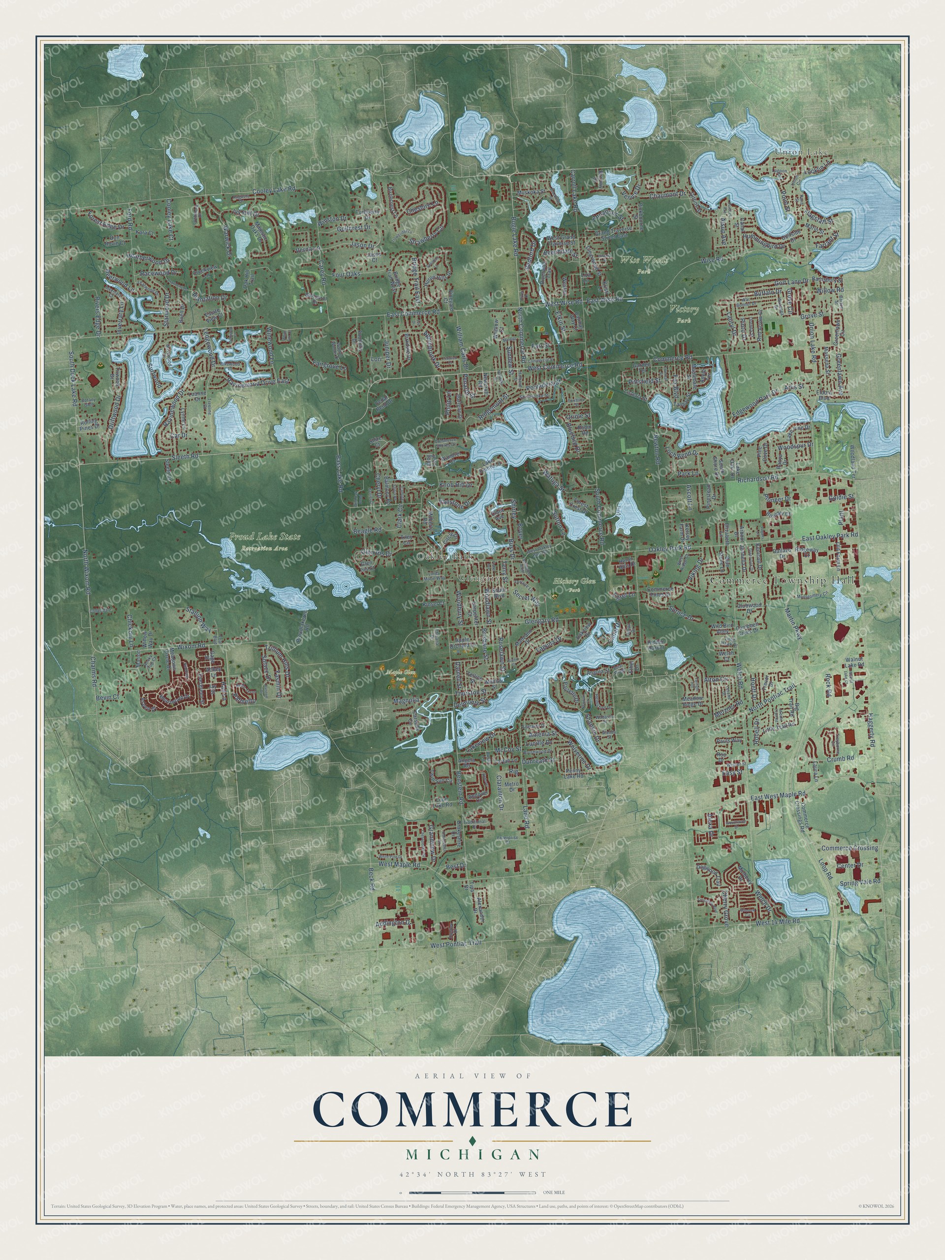 Full map of Commerce, Michigan, with red buildings, printed street names and the land around them