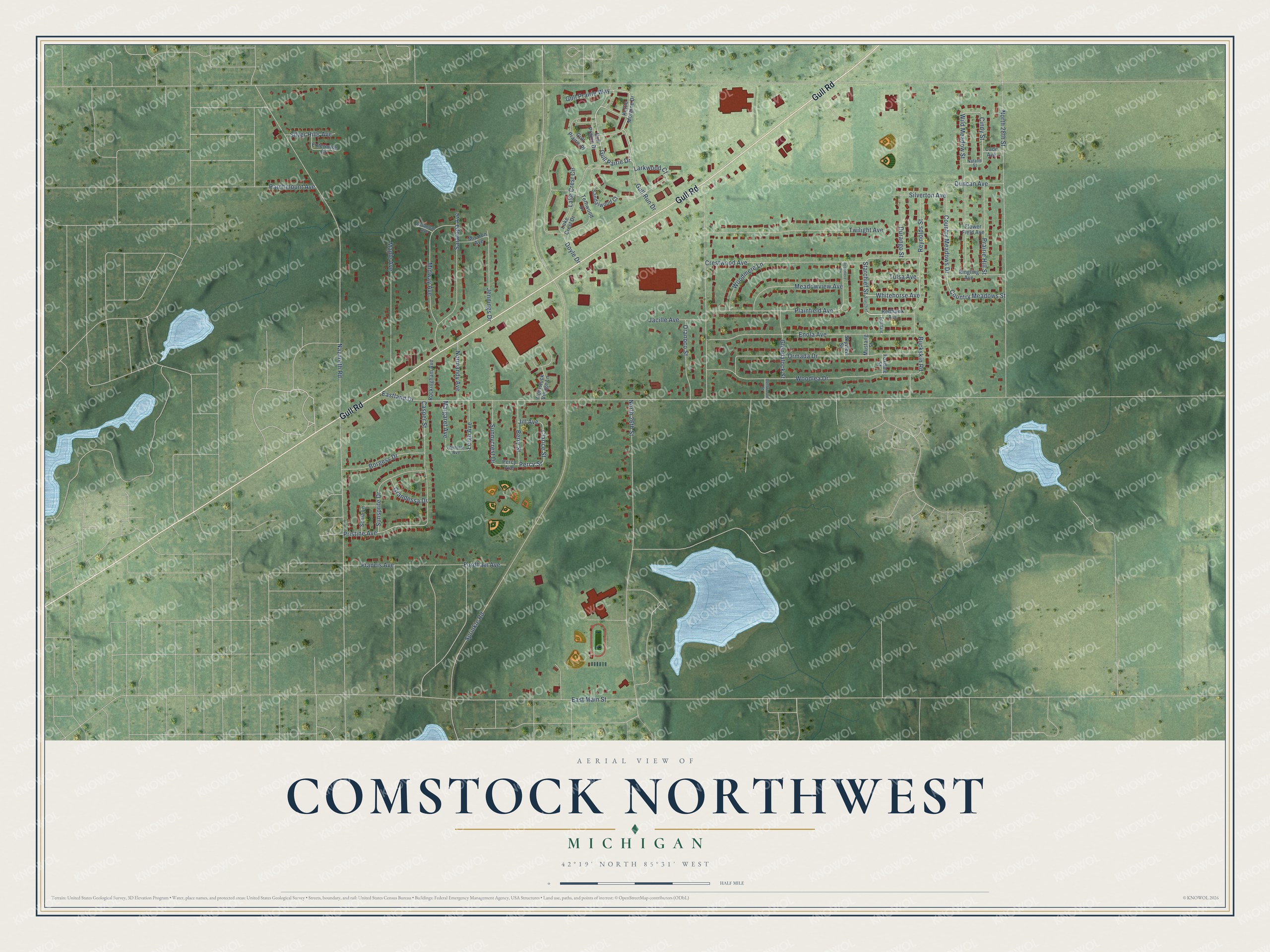 Full map of Comstock Northwest, Michigan, with red buildings, printed street names and the land around them