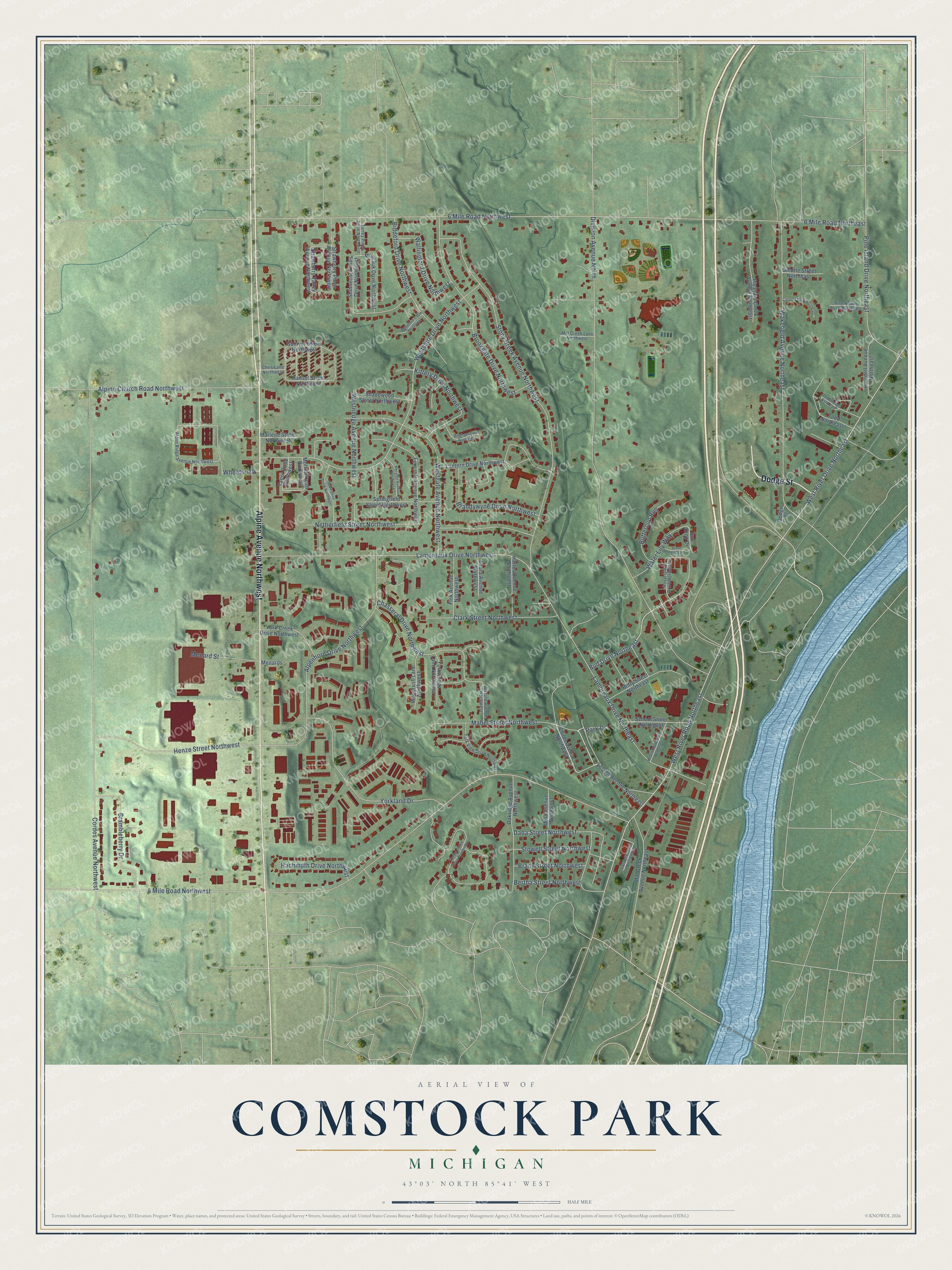Full map of Comstock Park, Michigan, with red buildings, printed street names and the land around them