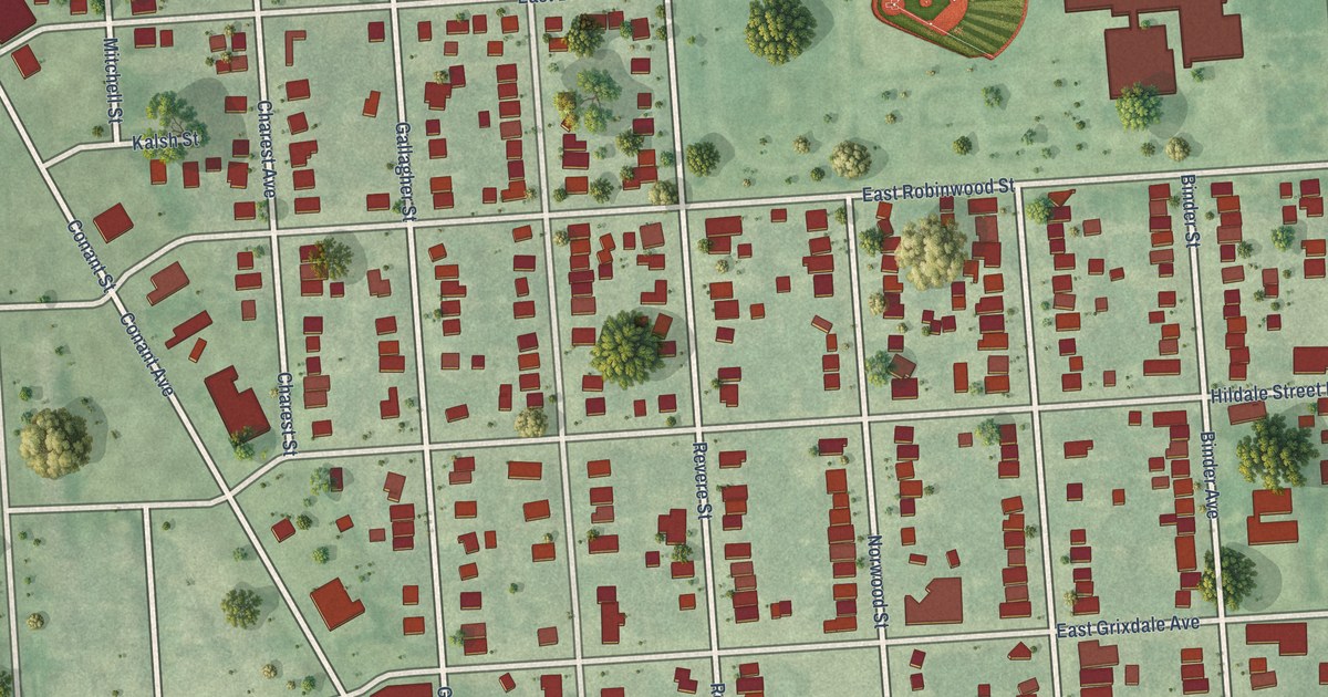 Close-up of streets and buildings in Conant Gardens, Michigan