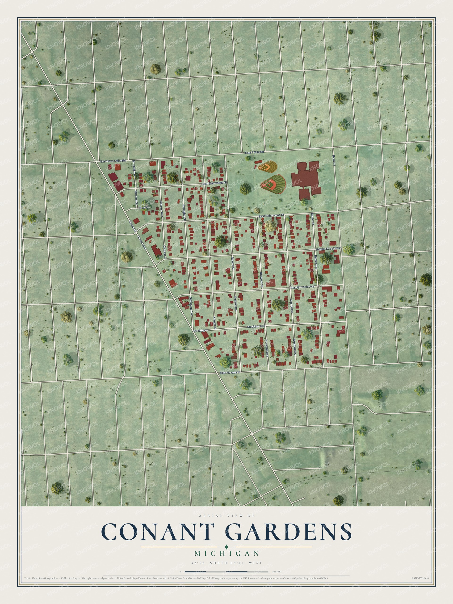Full map of Conant Gardens, Michigan, with red buildings, printed street names and the land around them