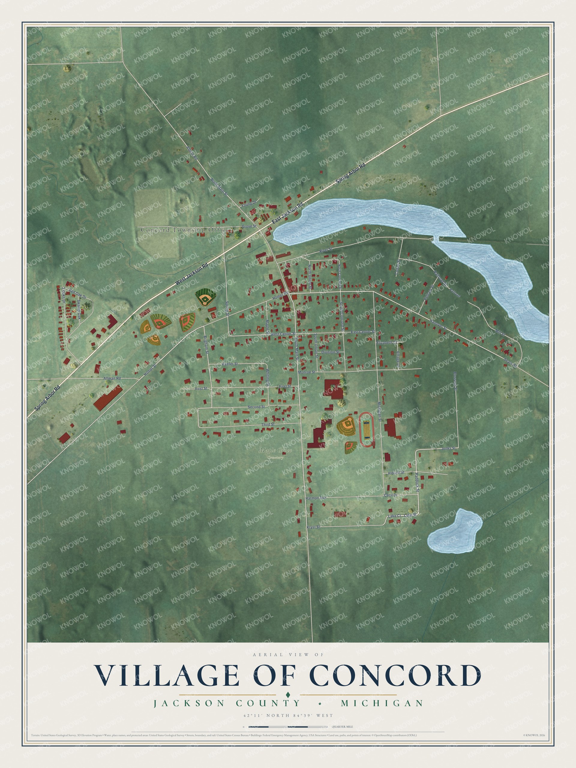Full map of Concord, Michigan, with red buildings, printed street names and the land around them