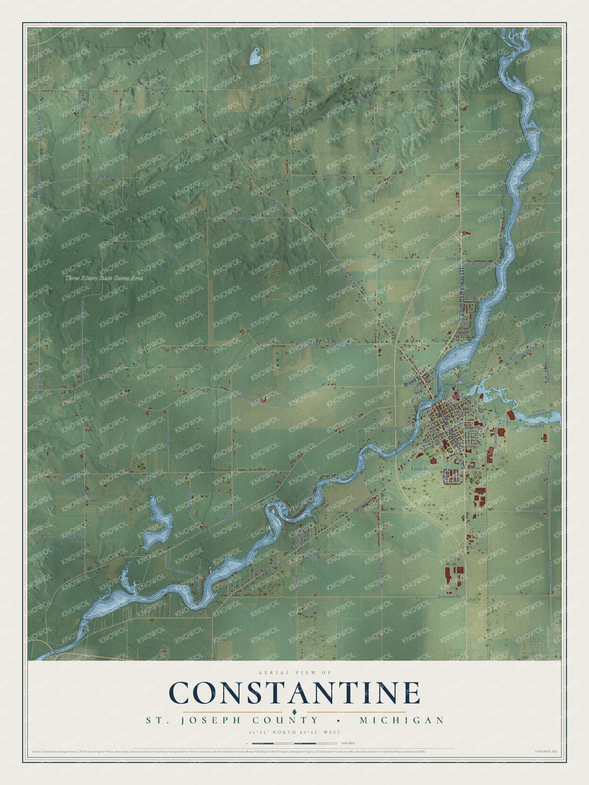 Full map of Constantine, Michigan, with red buildings, printed street names and the land around them