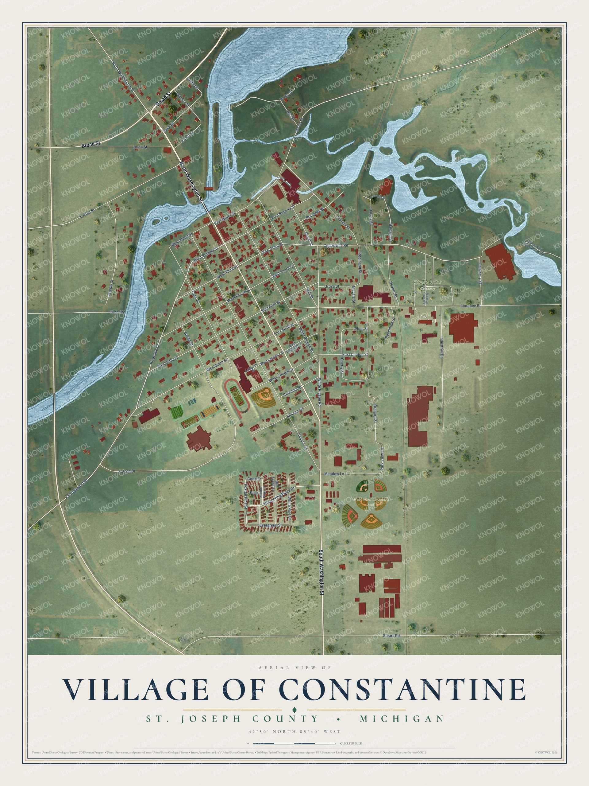 Full map of Constantine, Michigan, with red buildings, printed street names and the land around them