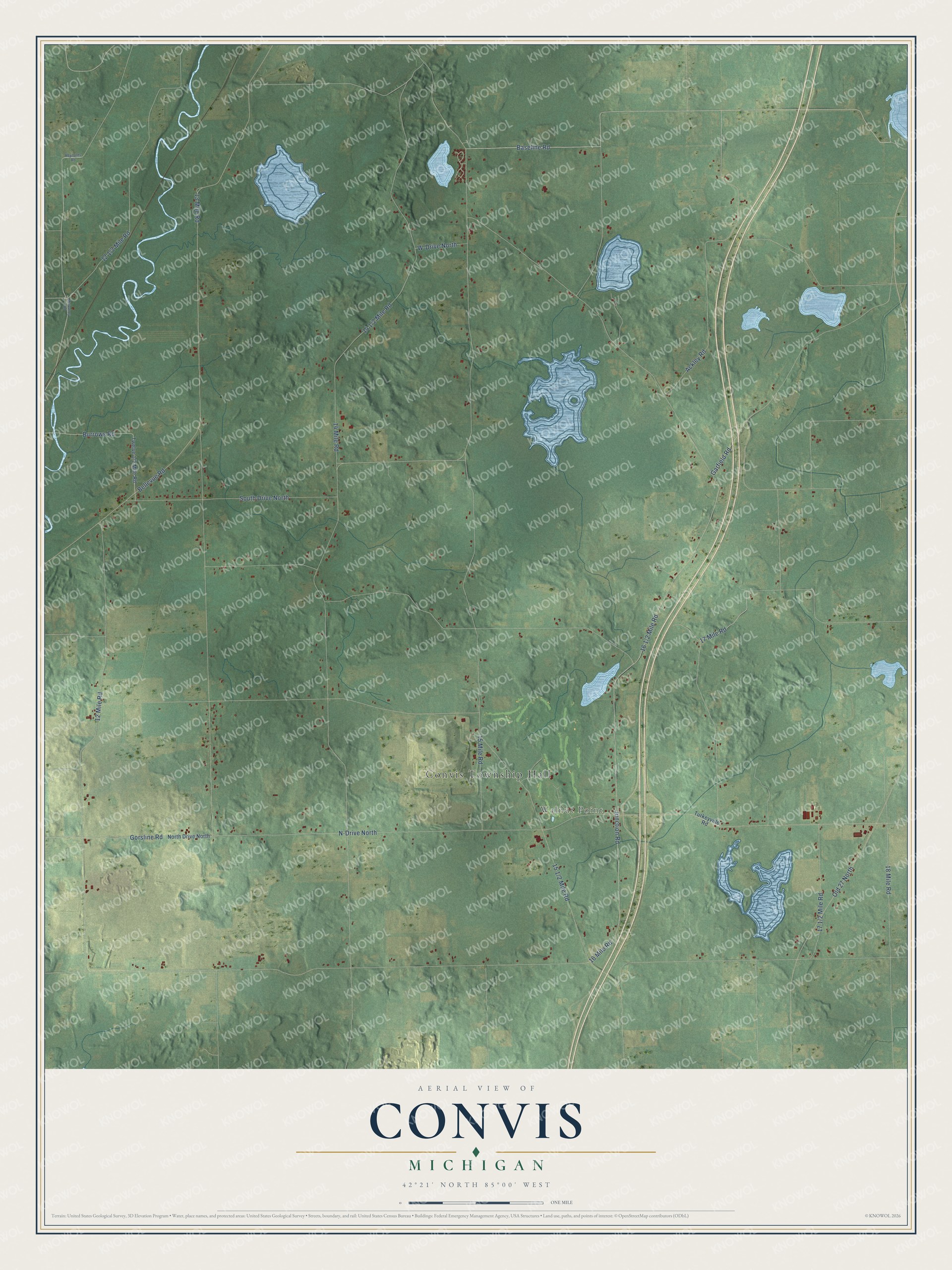 Full map of Convis, Michigan, with red buildings, printed street names and the land around them