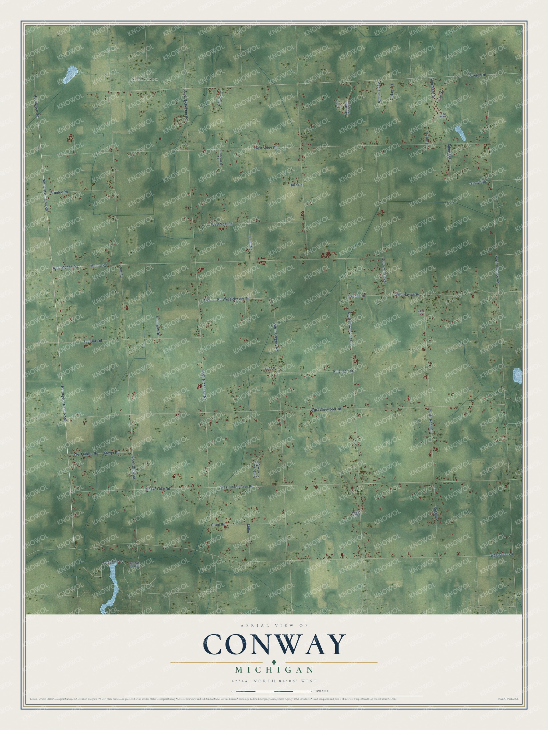 Full map of Conway, Michigan, with red buildings, printed street names and the land around them