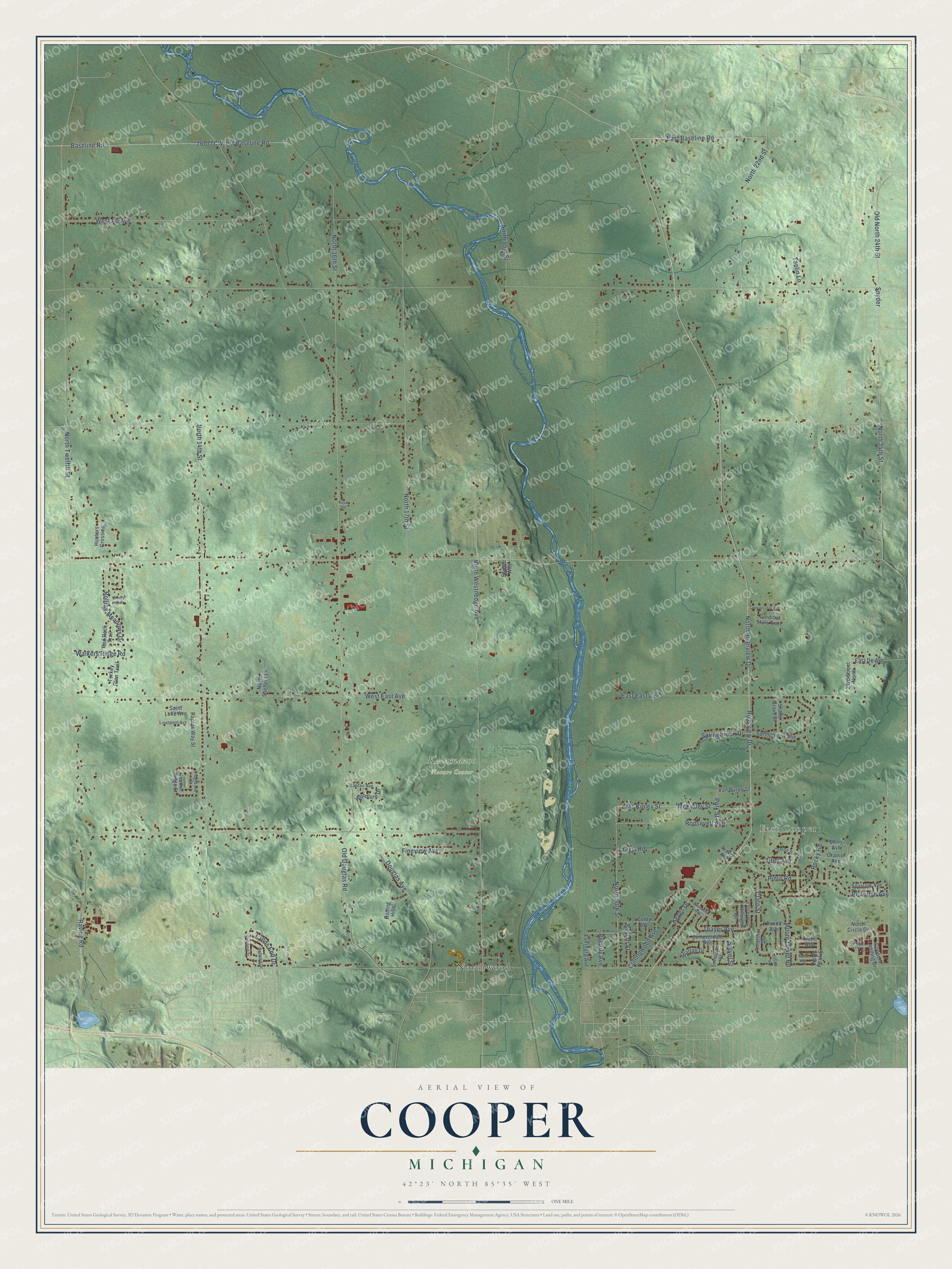 Full map of Cooper, Michigan, with red buildings, printed street names and the land around them