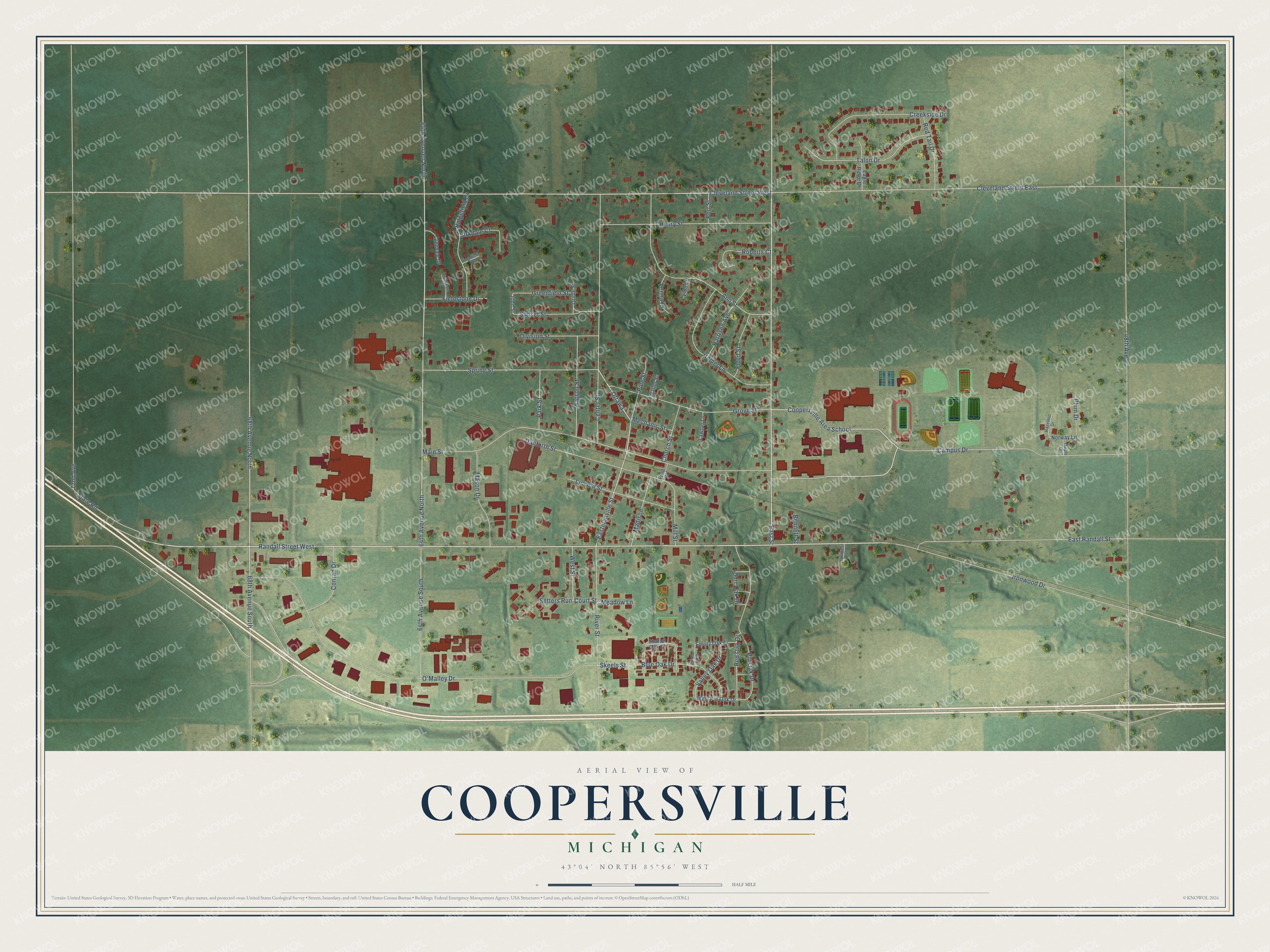 Full map of Coopersville, Michigan, with red buildings, printed street names and the land around them