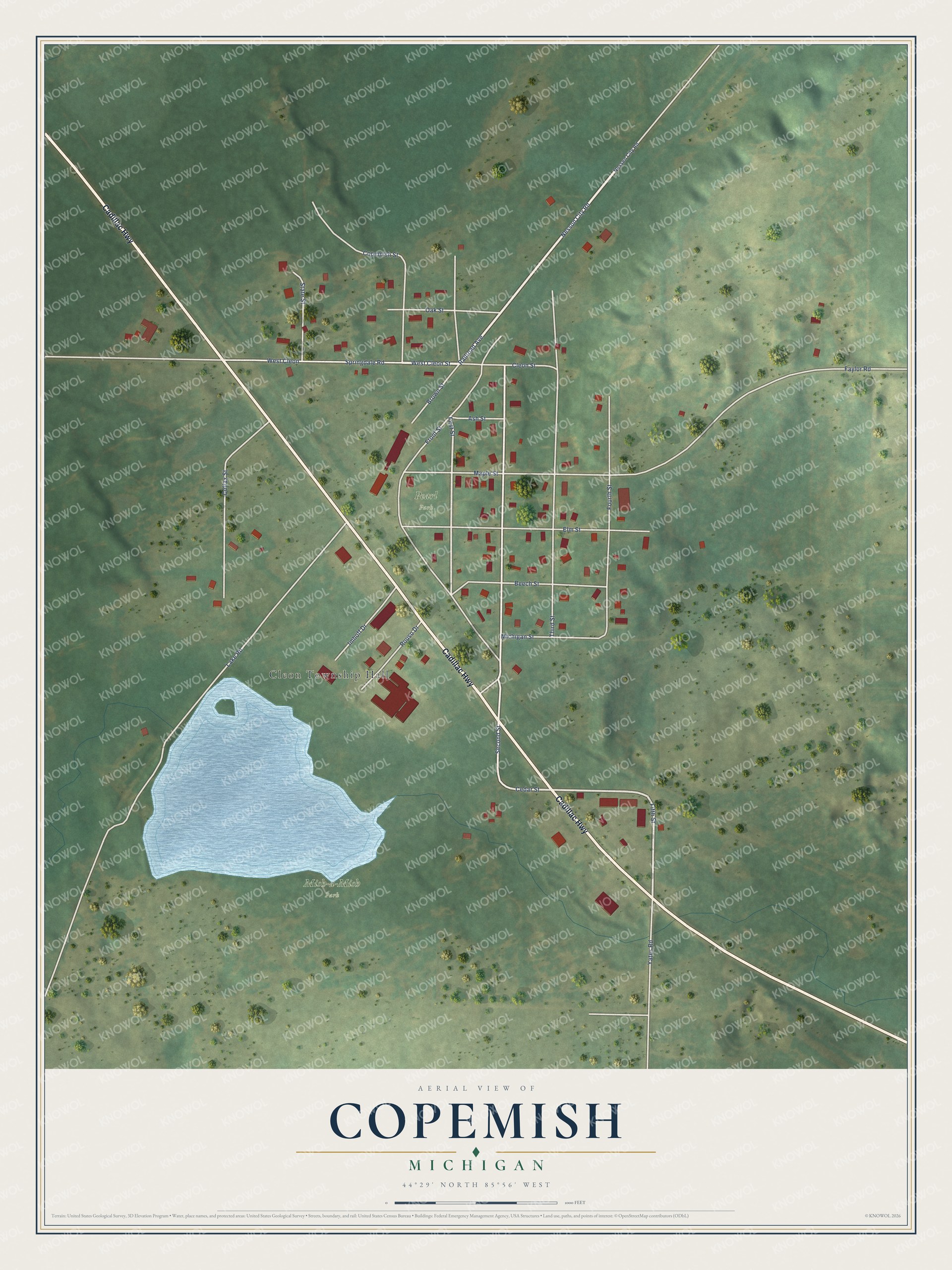Full map of Copemish, Michigan, with red buildings, printed street names and the land around them