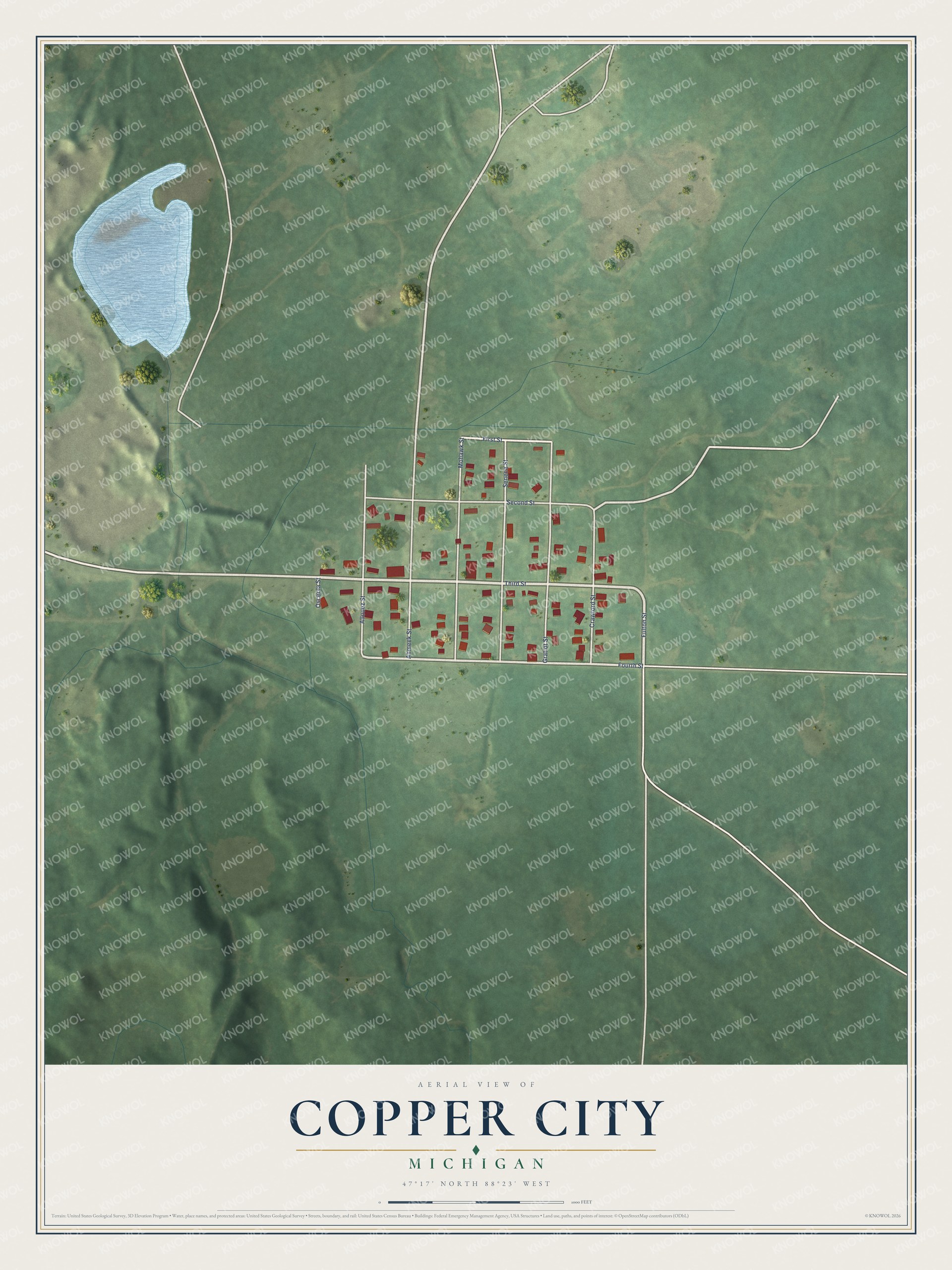 Full map of Copper City, Michigan, with red buildings, printed street names and the land around them