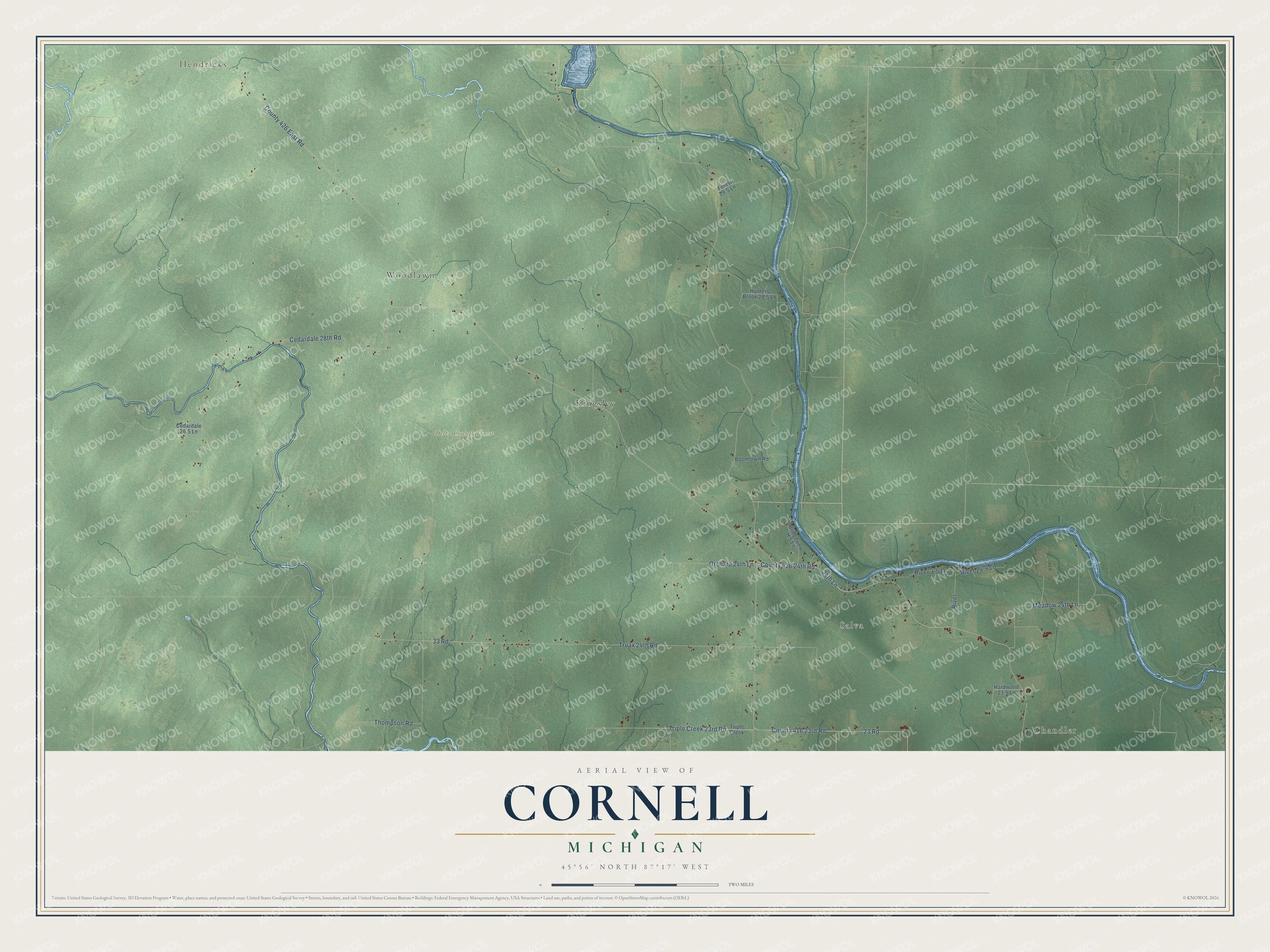 Full map of Cornell, Michigan, with red buildings, printed street names and the land around them