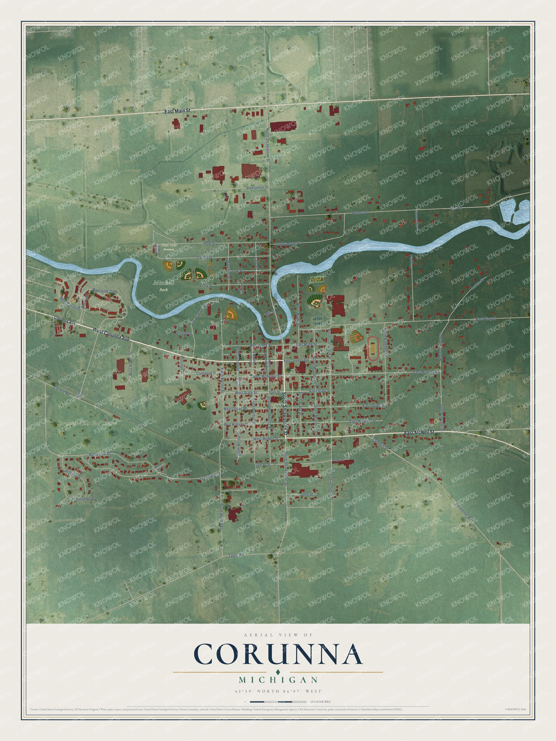 Full map of Corunna, Michigan, with red buildings, printed street names and the land around them