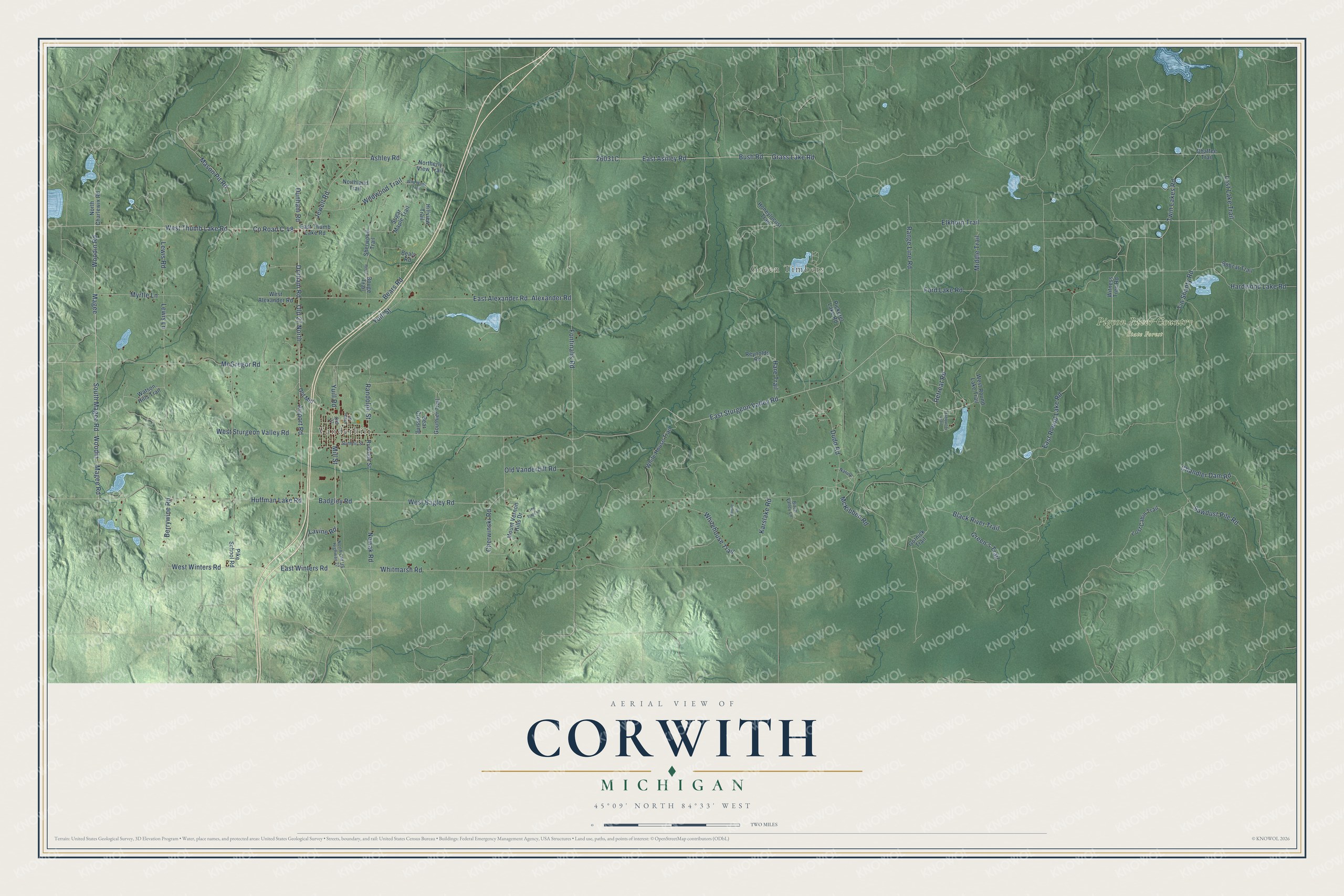 Full map of Corwith, Michigan, with red buildings, printed street names and the land around them