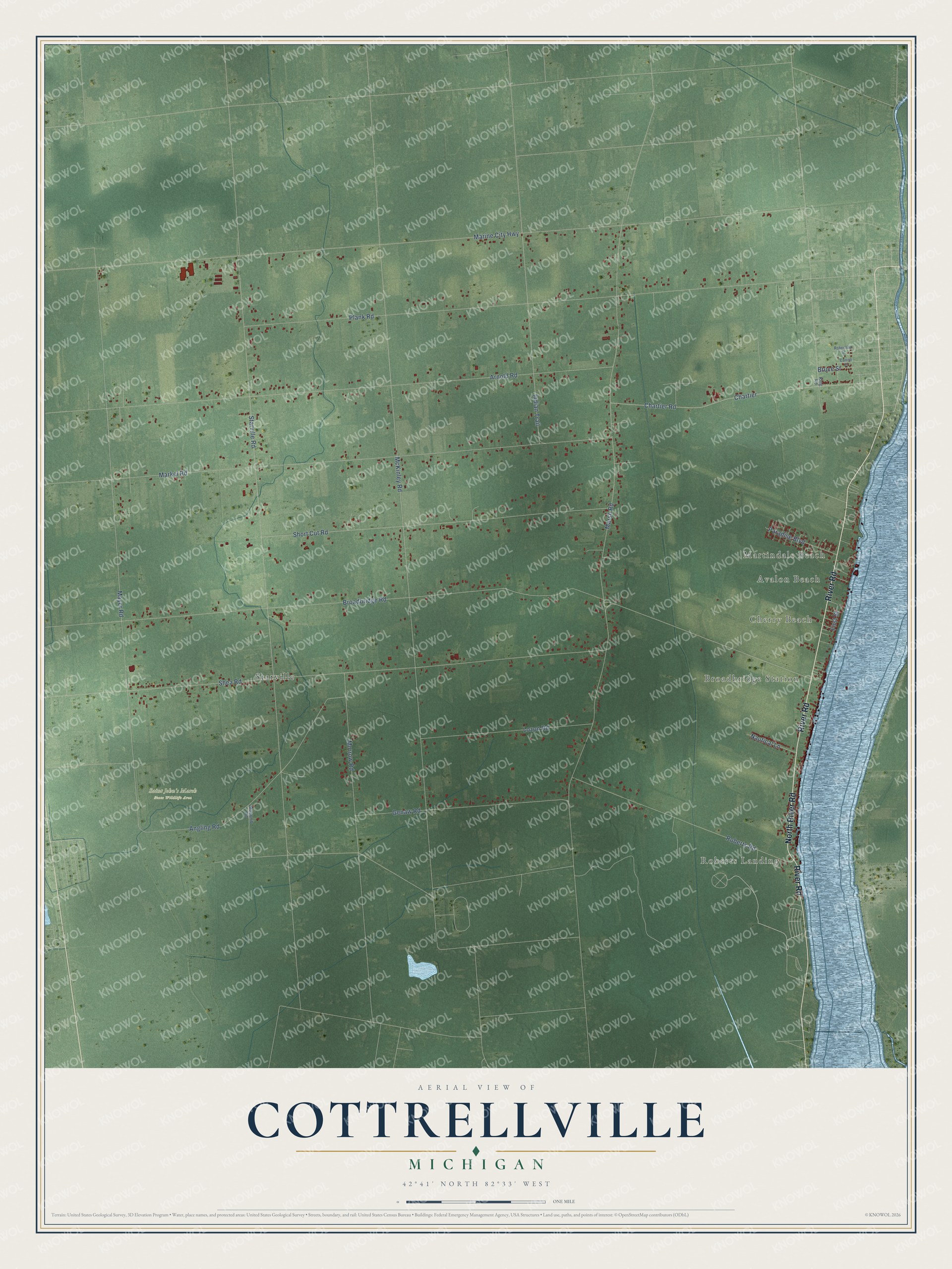 Full map of Cottrellville, Michigan, with red buildings, printed street names and the land around them