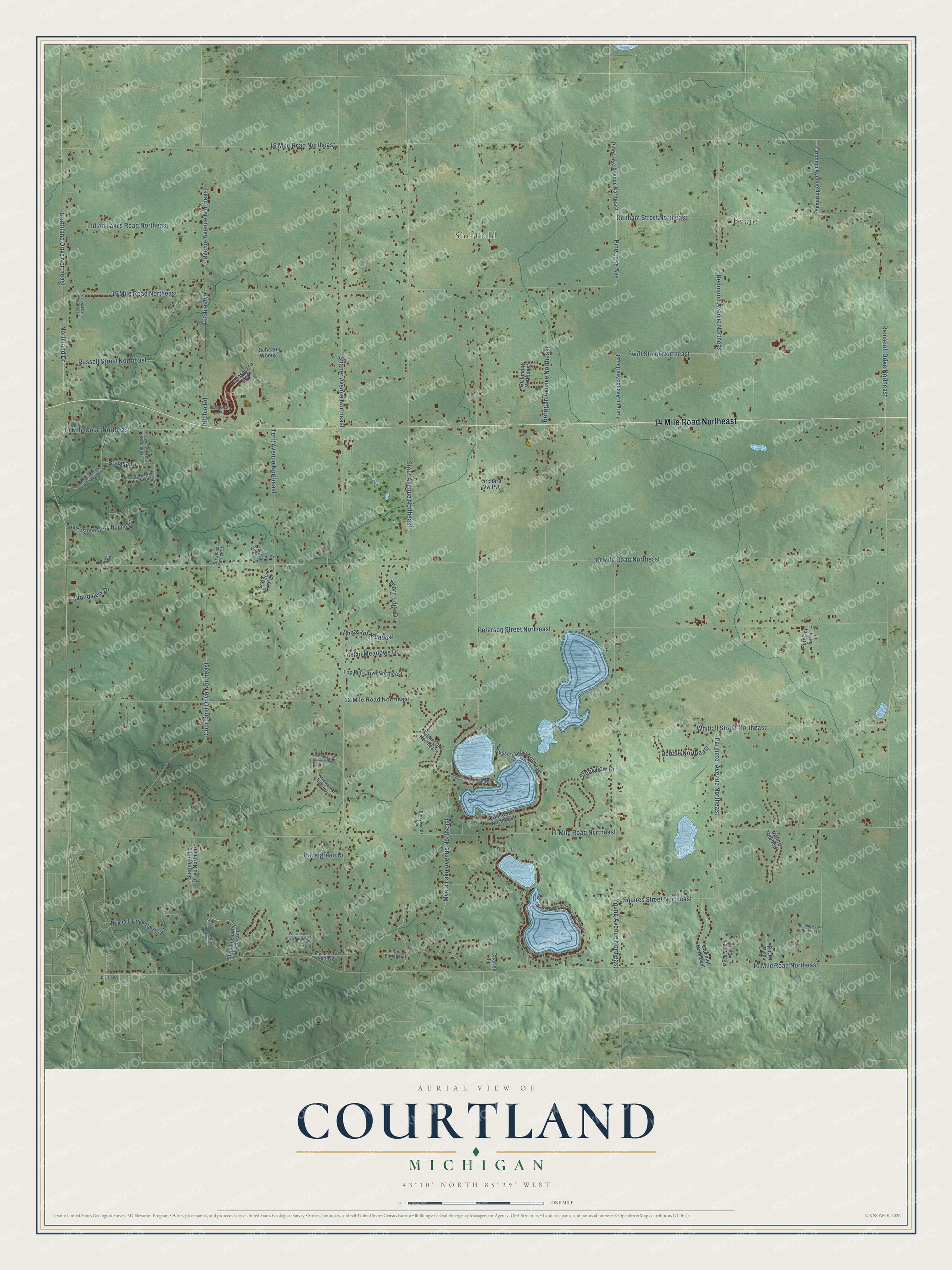 Full map of Courtland, Michigan, with red buildings, printed street names and the land around them