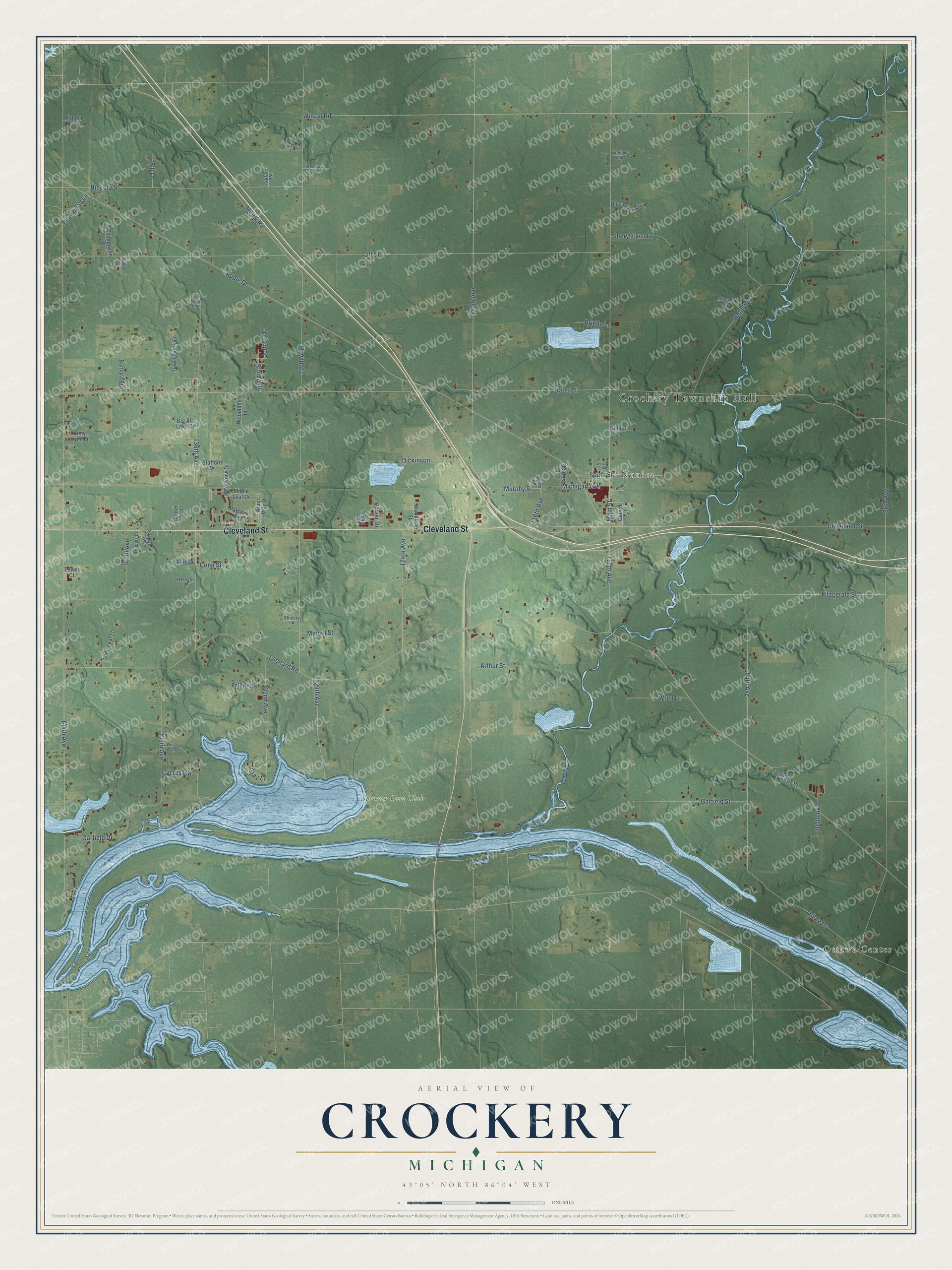 Full map of Crockery, Michigan, with red buildings, printed street names and the land around them
