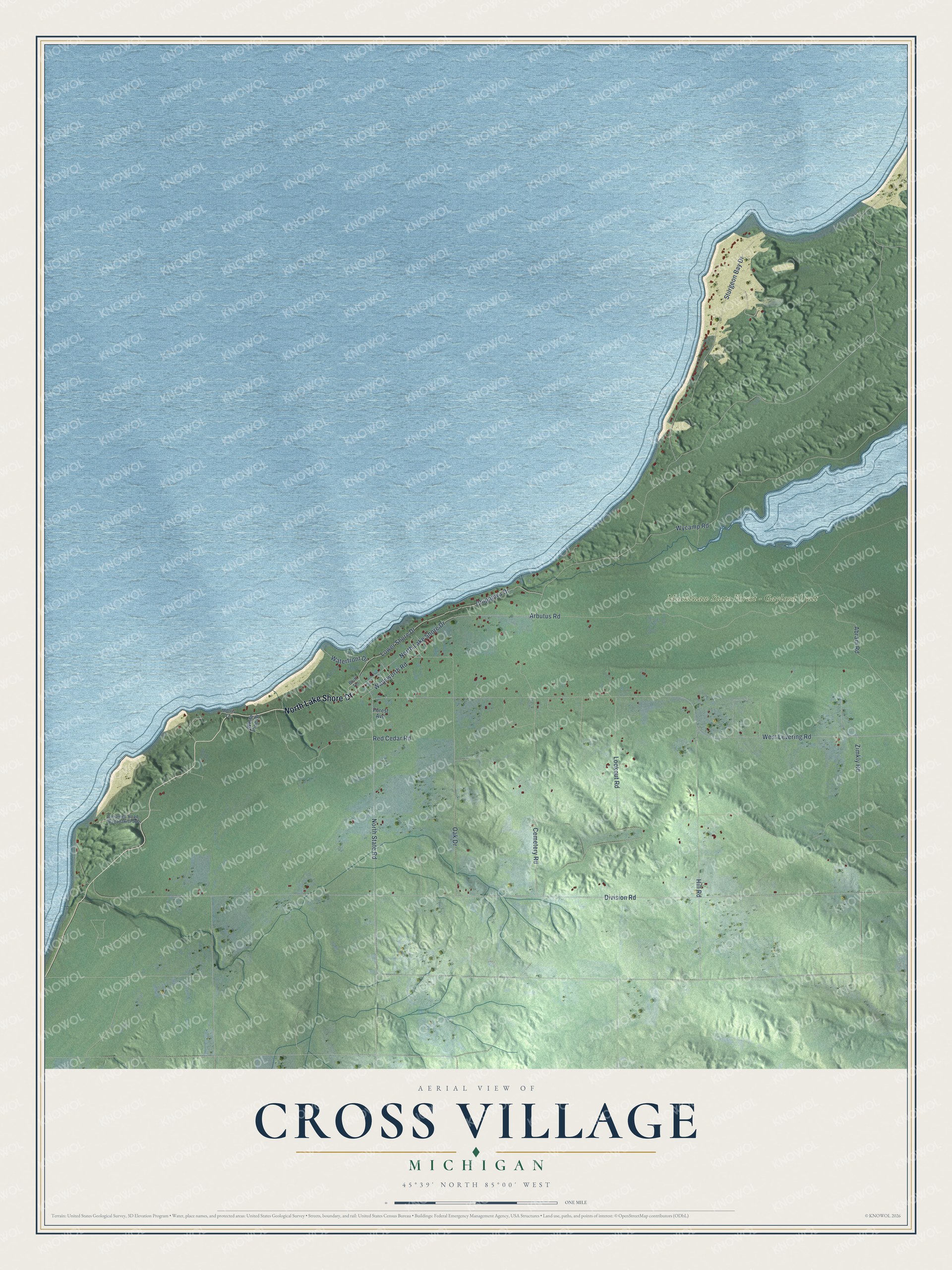 Full map of Cross Village, Michigan, with red buildings, printed street names and the land around them