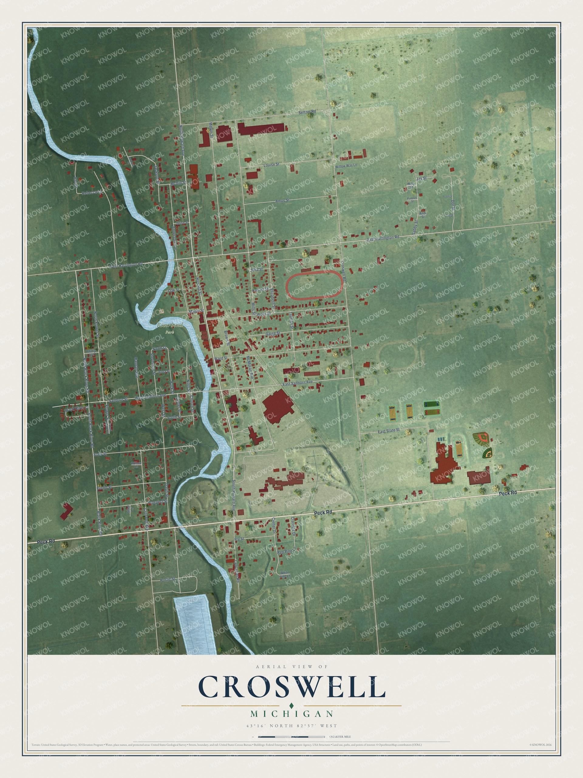 Full map of Croswell, Michigan, with red buildings, printed street names and the land around them