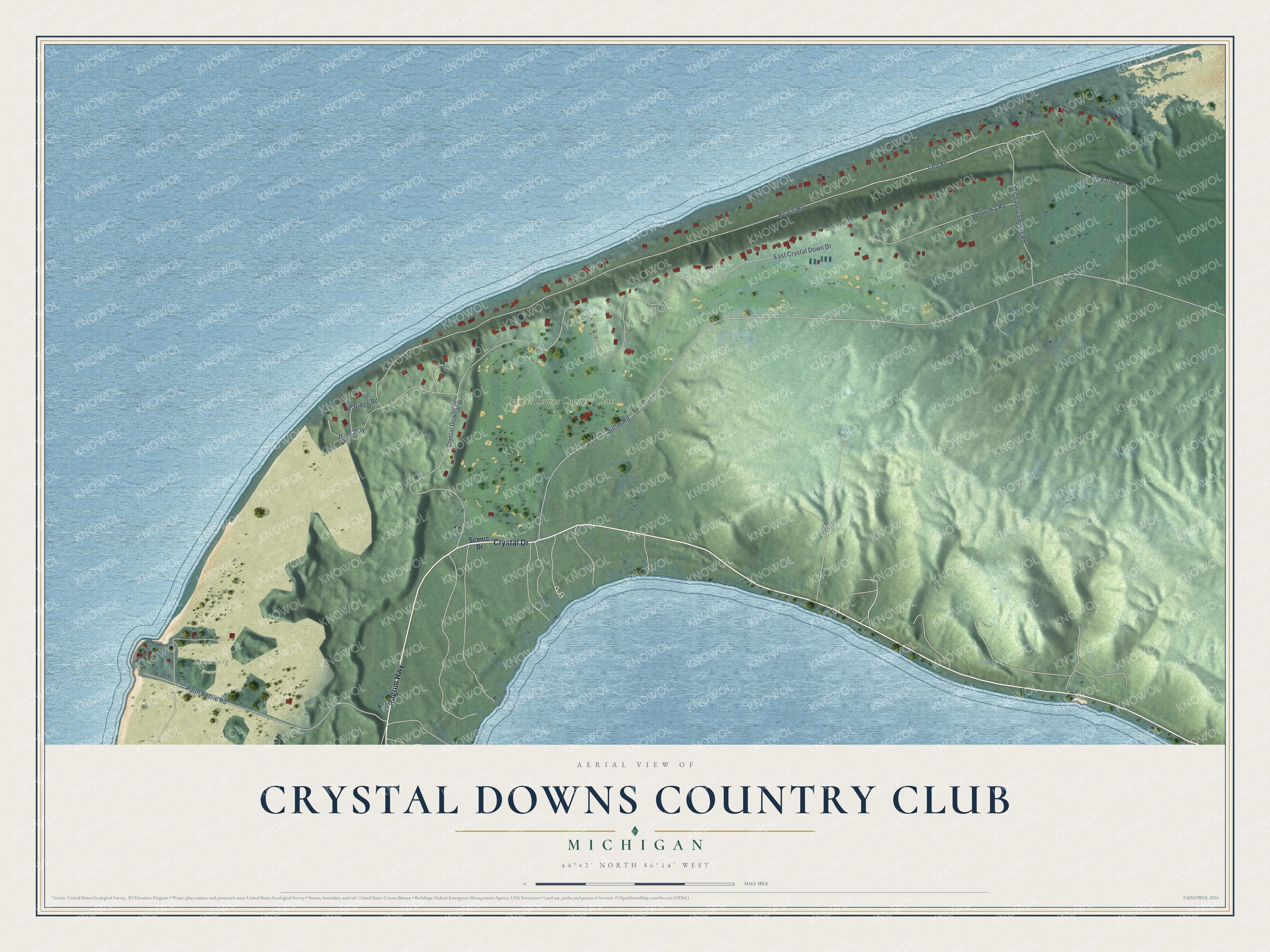 Full map of Crystal Downs Country Club, Michigan, with red buildings, printed street names and the land around them