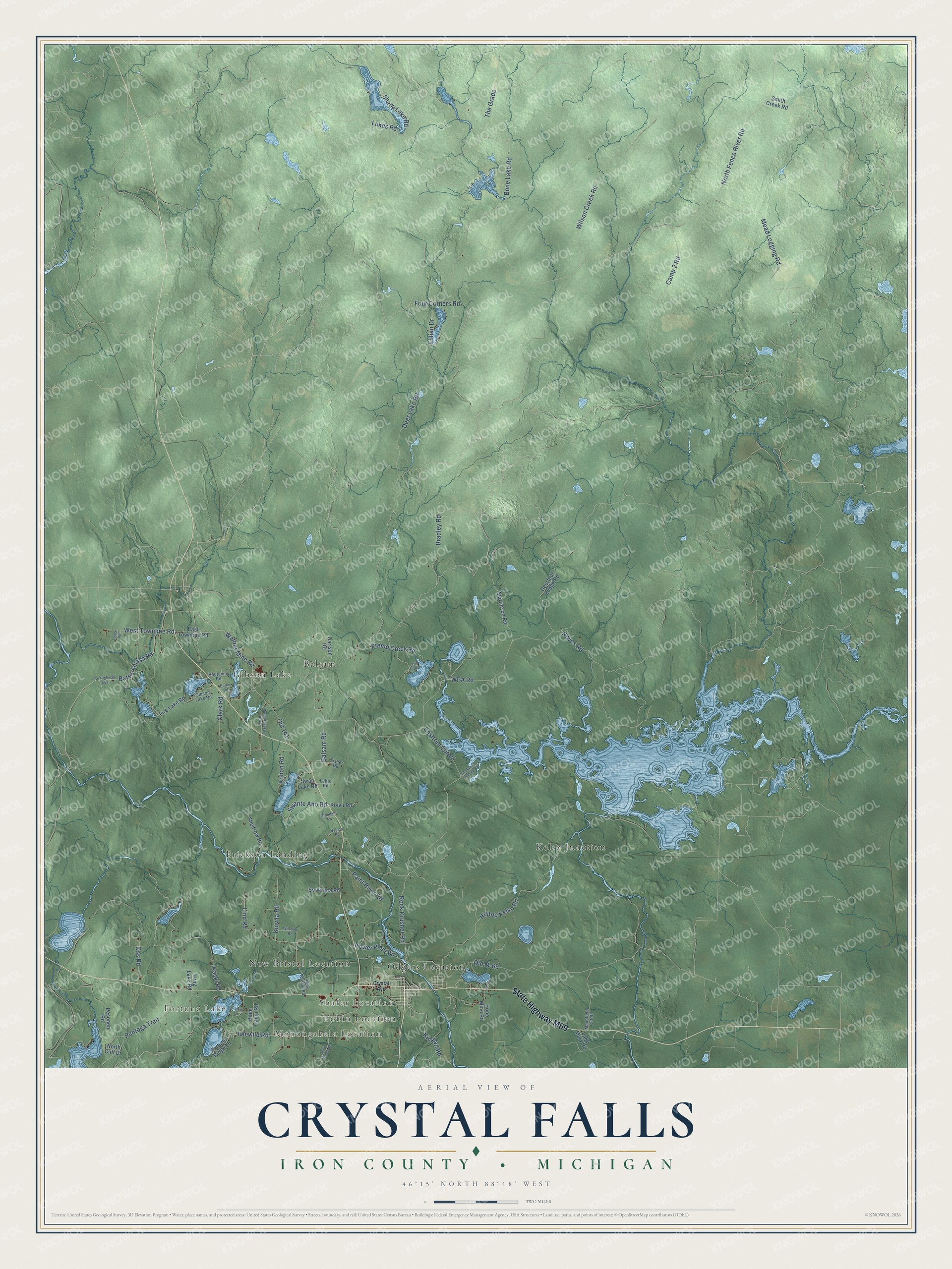 Full map of Crystal Falls, Michigan, with red buildings, printed street names and the land around them