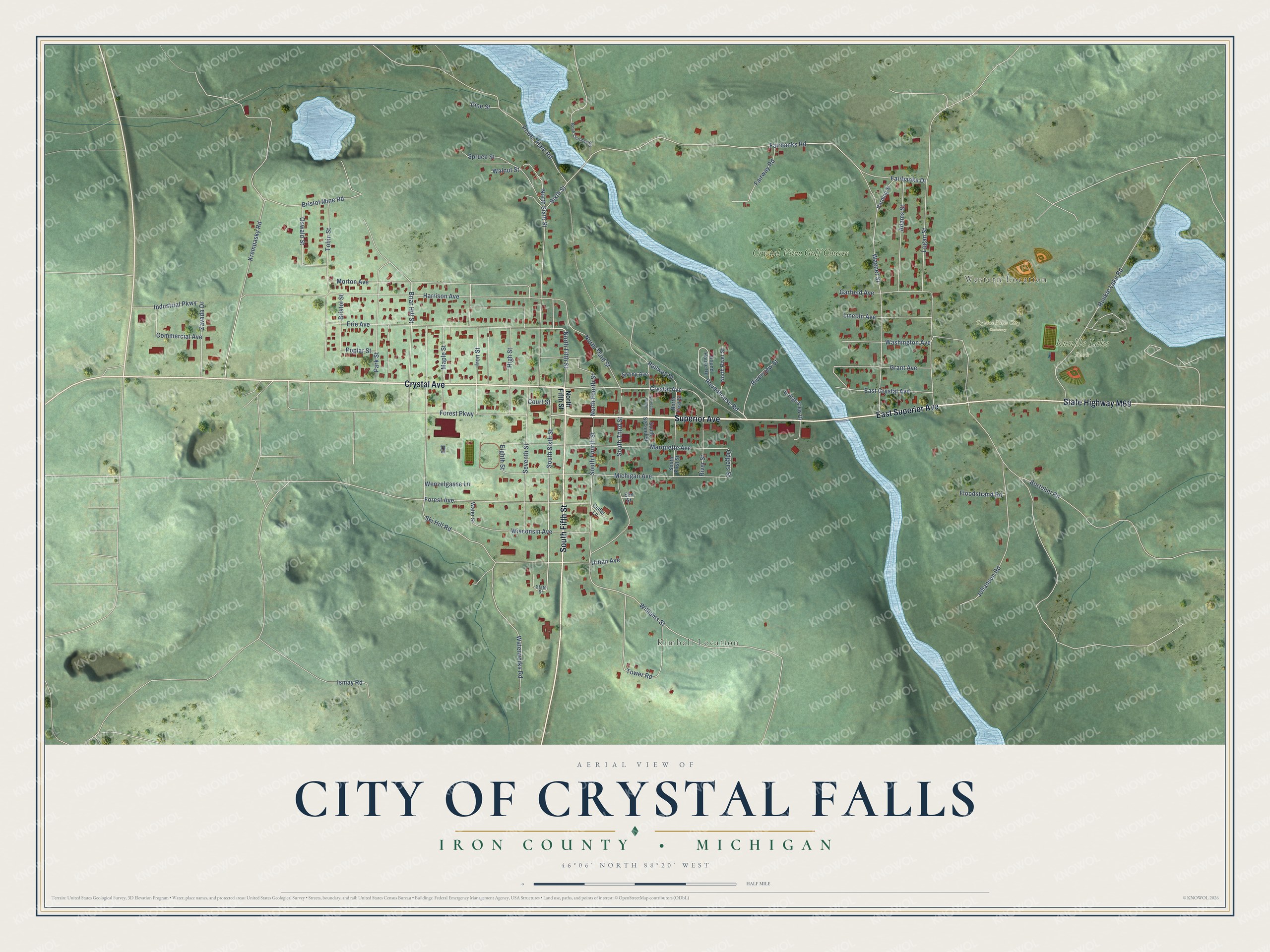 Full map of Crystal Falls, Michigan, with red buildings, printed street names and the land around them