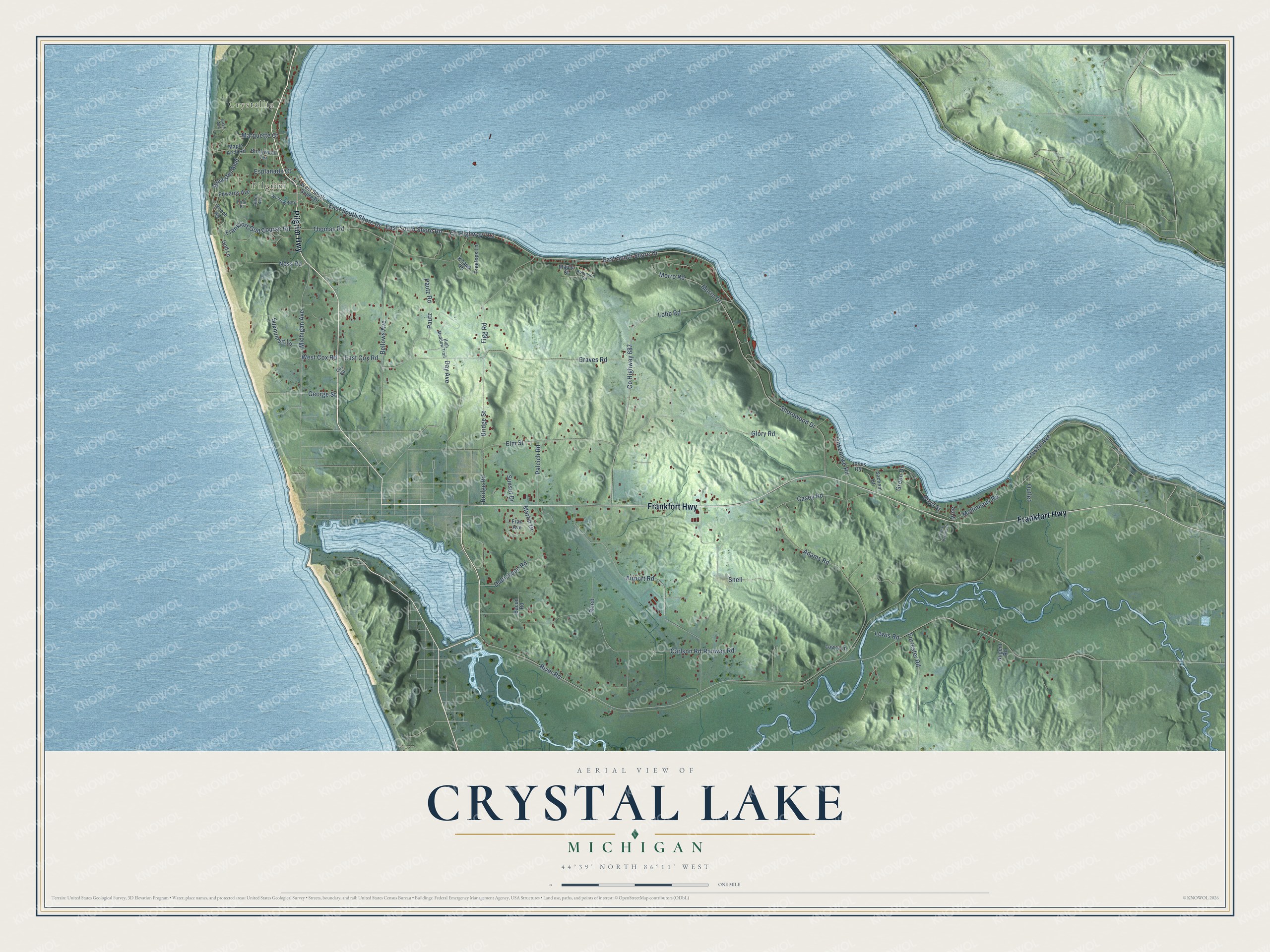 Full map of Crystal Lake, Michigan, with red buildings, printed street names and the land around them