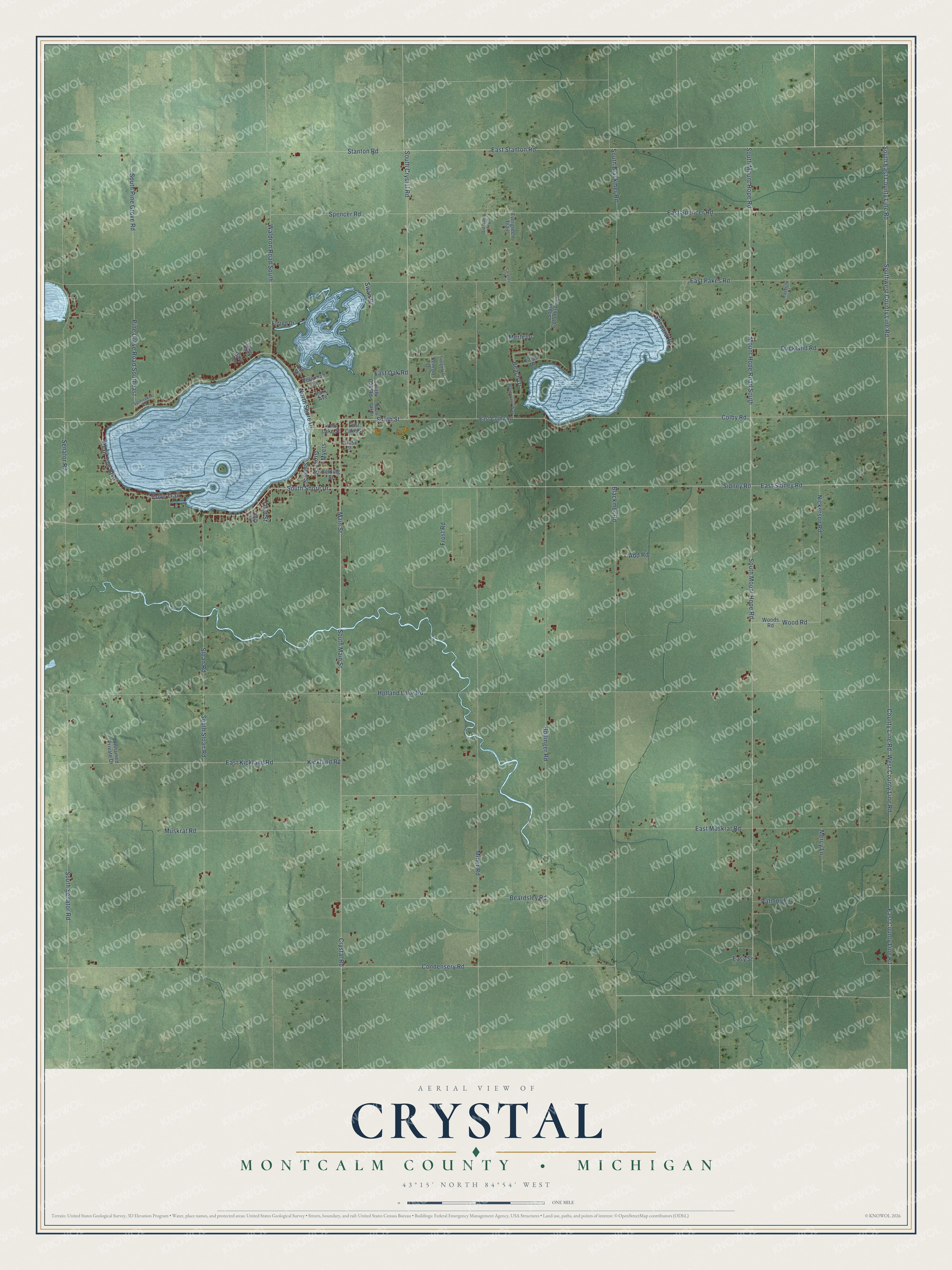 Full map of Crystal, Michigan, with red buildings, printed street names and the land around them