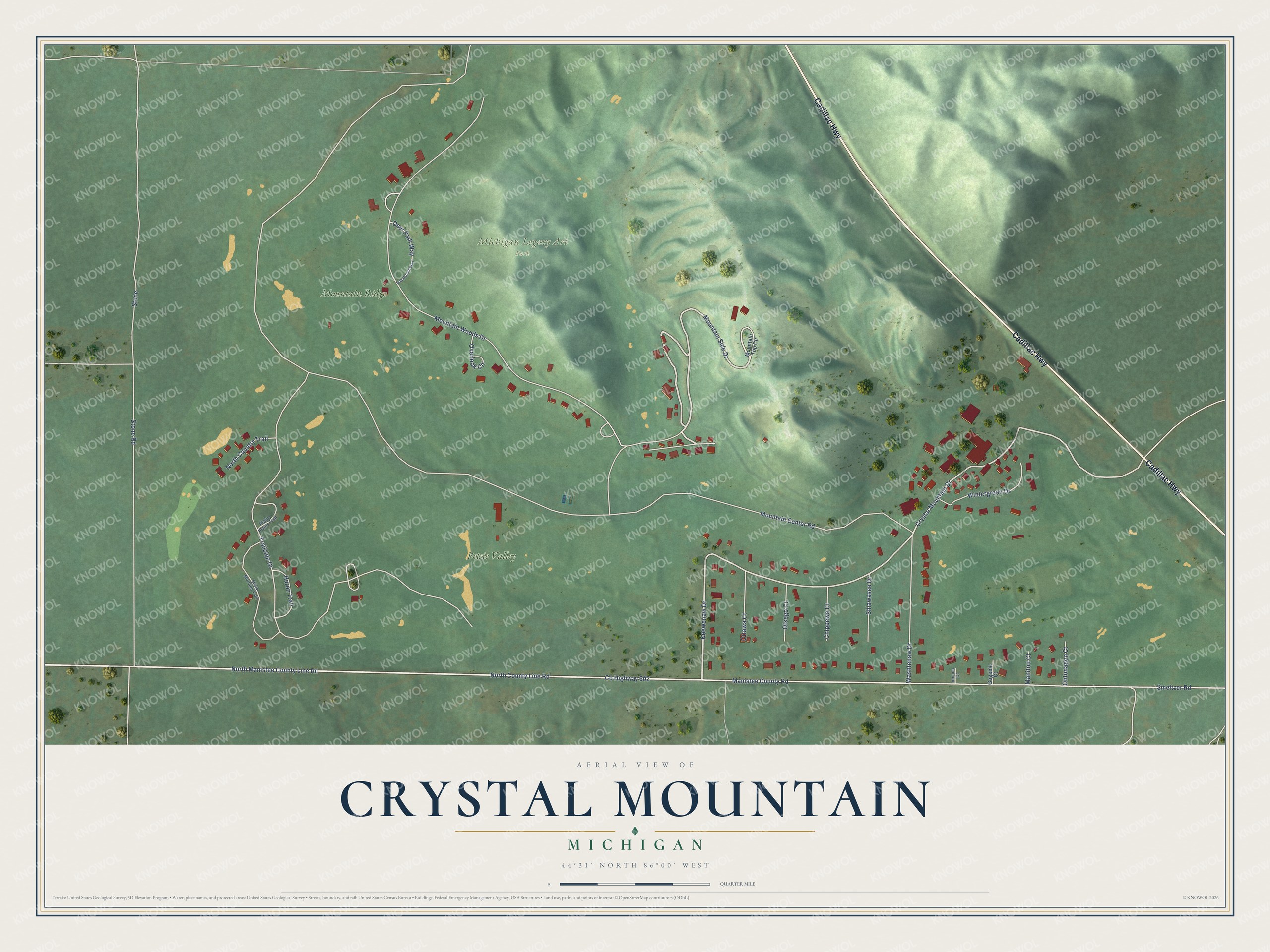 Full map of Crystal Mountain, Michigan, with red buildings, printed street names and the land around them