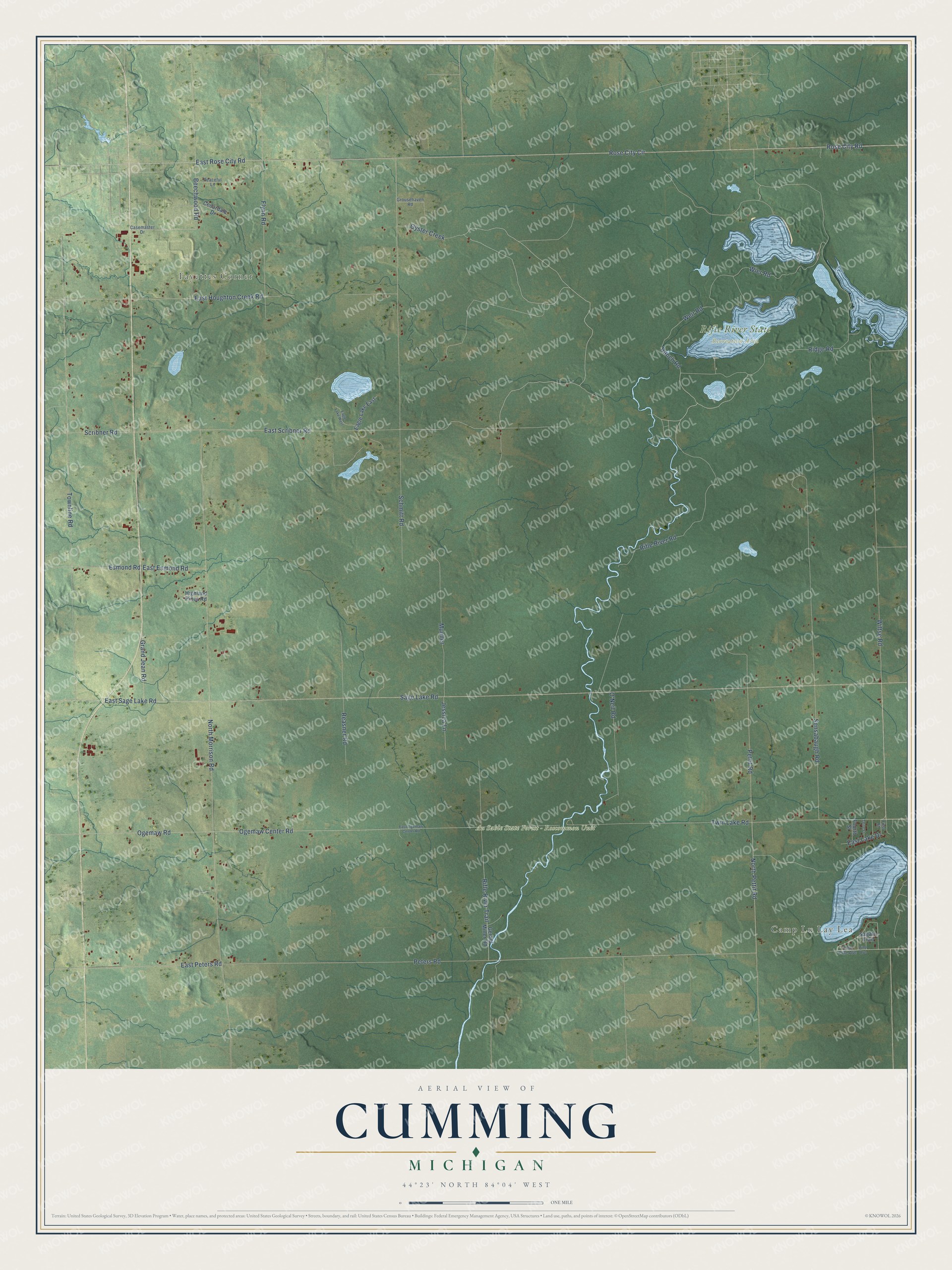 Full map of Cumming, Michigan, with red buildings, printed street names and the land around them