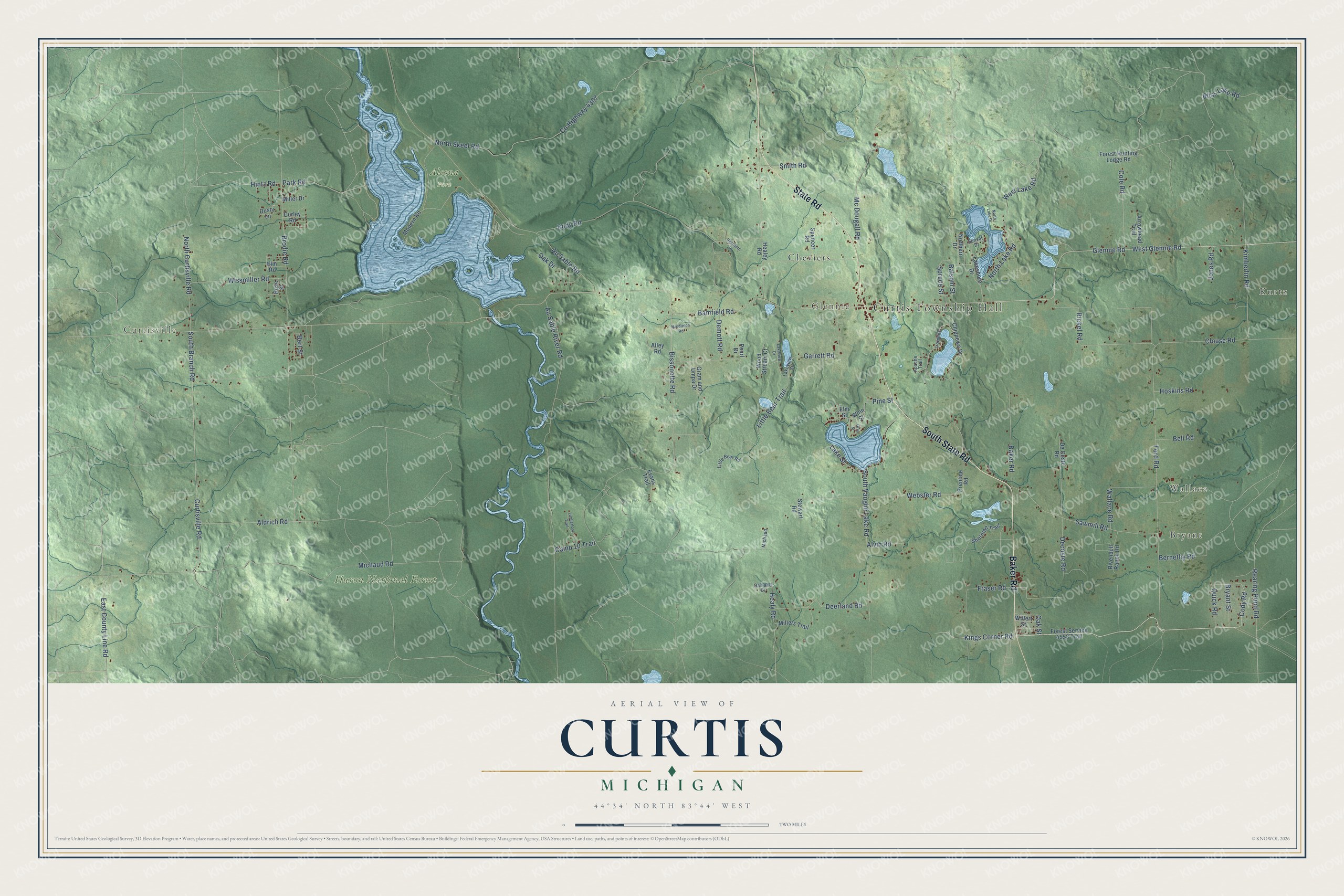 Full map of Curtis, Michigan, with red buildings, printed street names and the land around them
