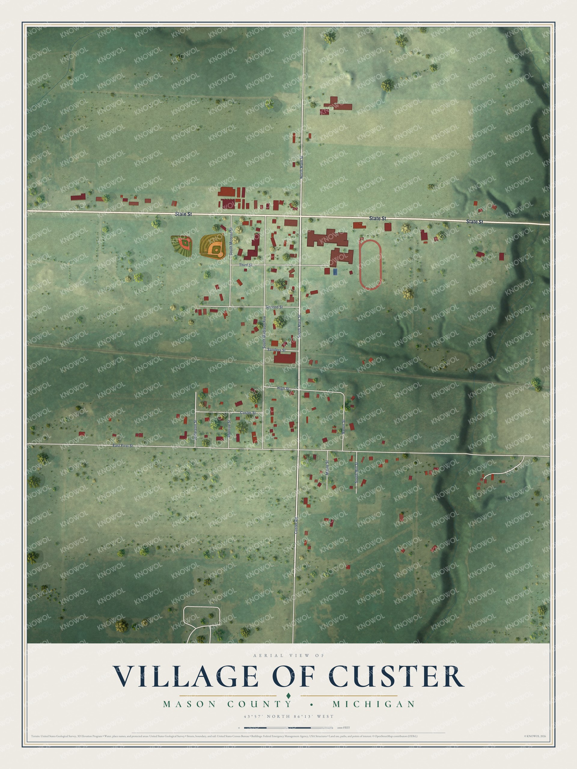 Full map of Custer, Michigan, with red buildings, printed street names and the land around them