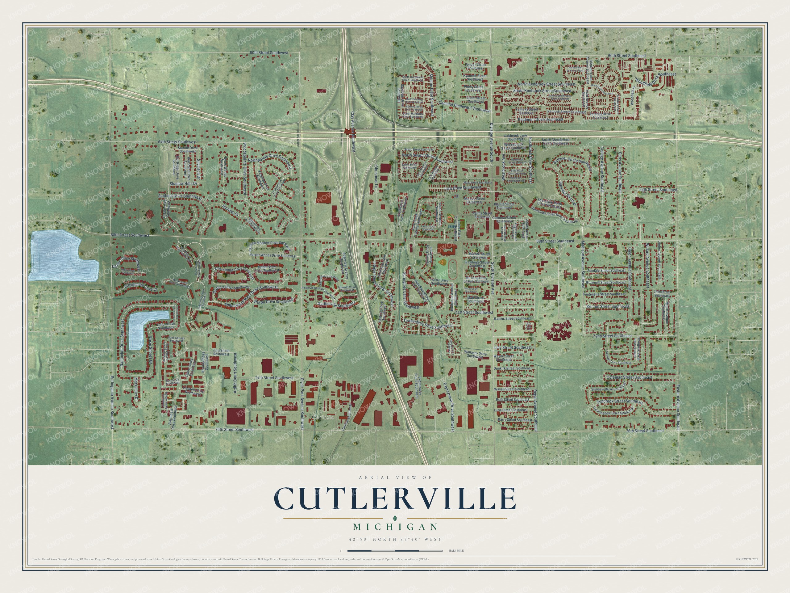 Full map of Cutlerville, Michigan, with red buildings, printed street names and the land around them