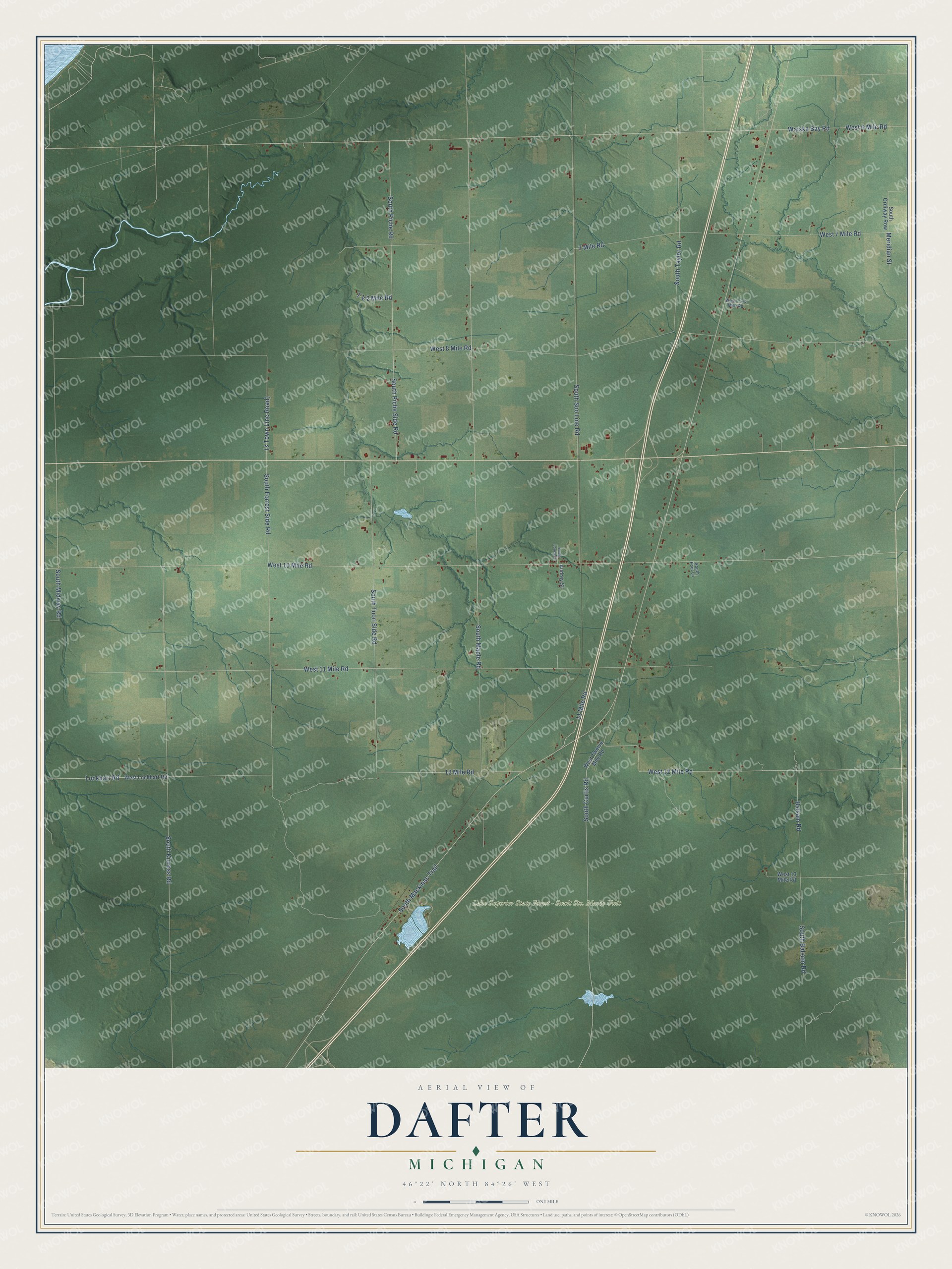Full map of Dafter, Michigan, with red buildings, printed street names and the land around them