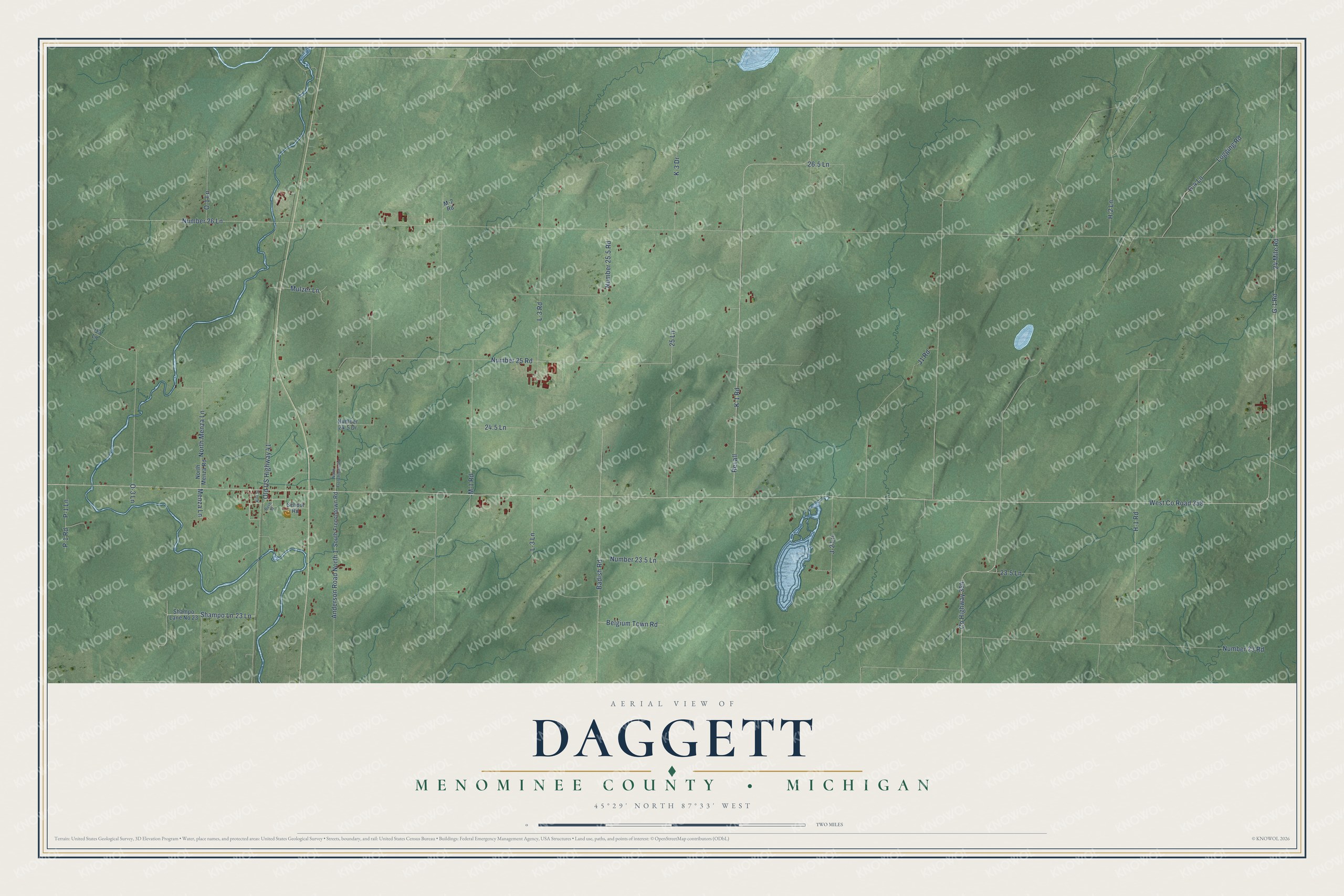 Full map of Daggett, Michigan, with red buildings, printed street names and the land around them
