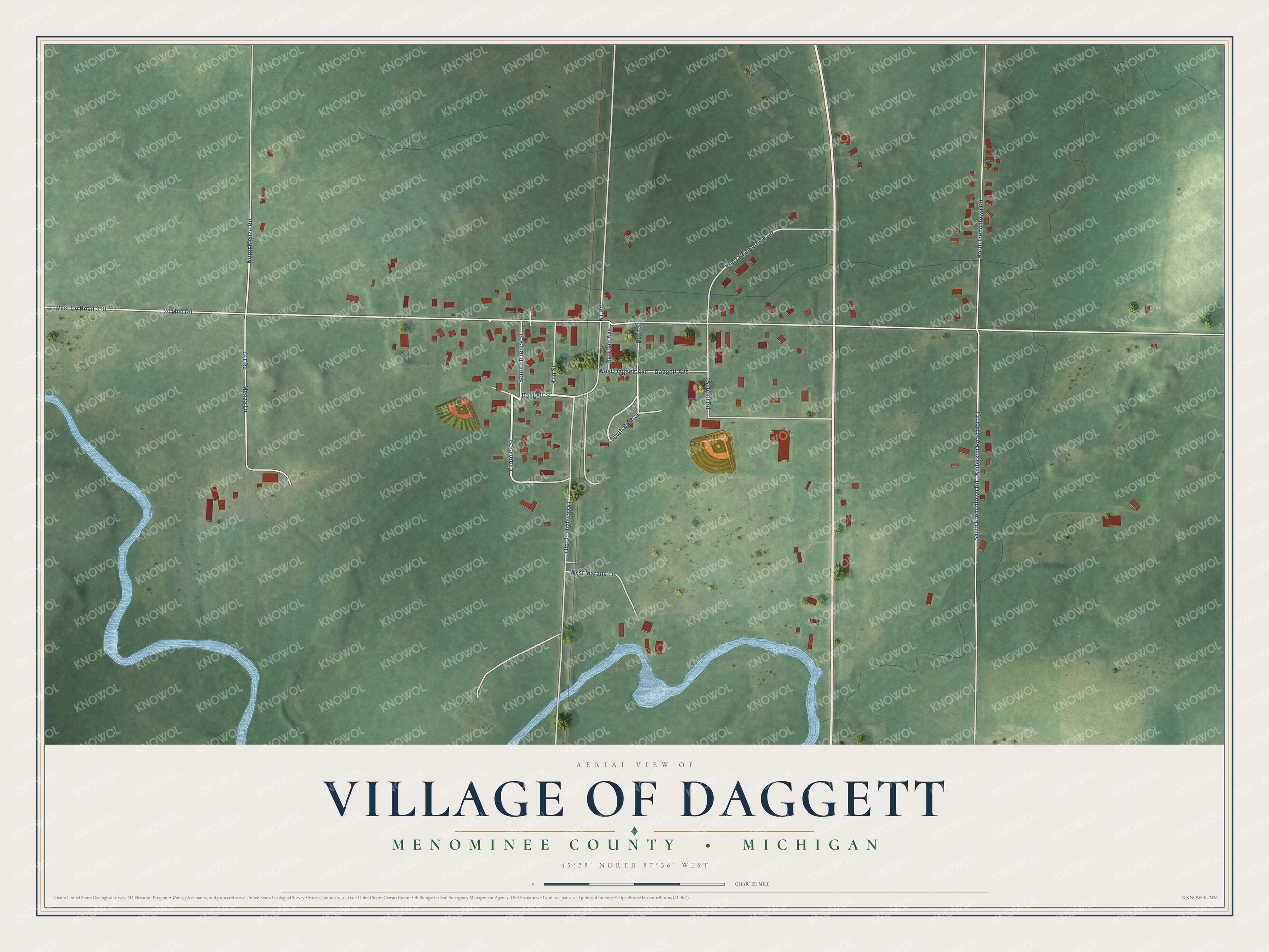 Full map of Daggett, Michigan, with red buildings, printed street names and the land around them