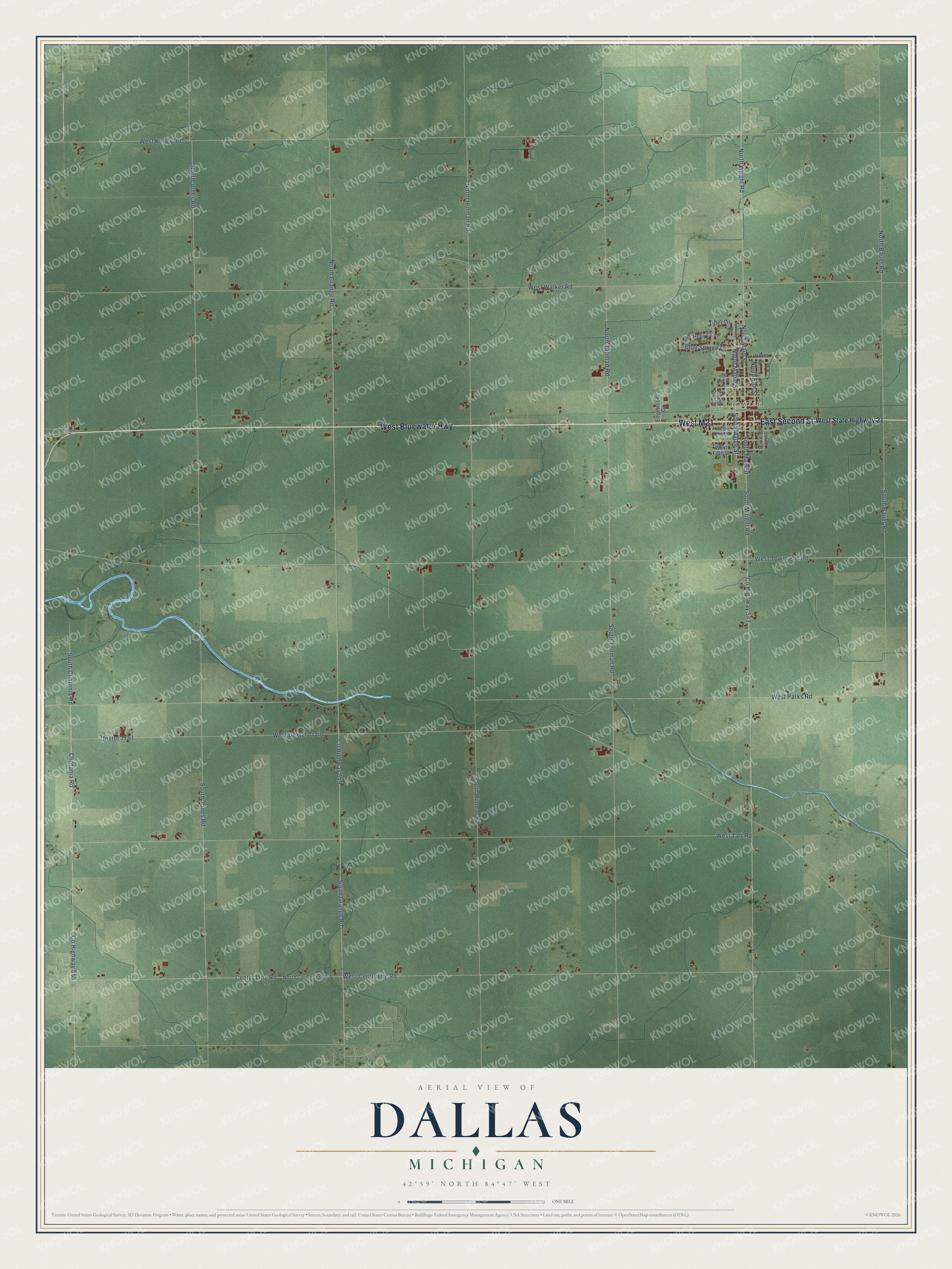 Full map of Dallas, Michigan, with red buildings, printed street names and the land around them
