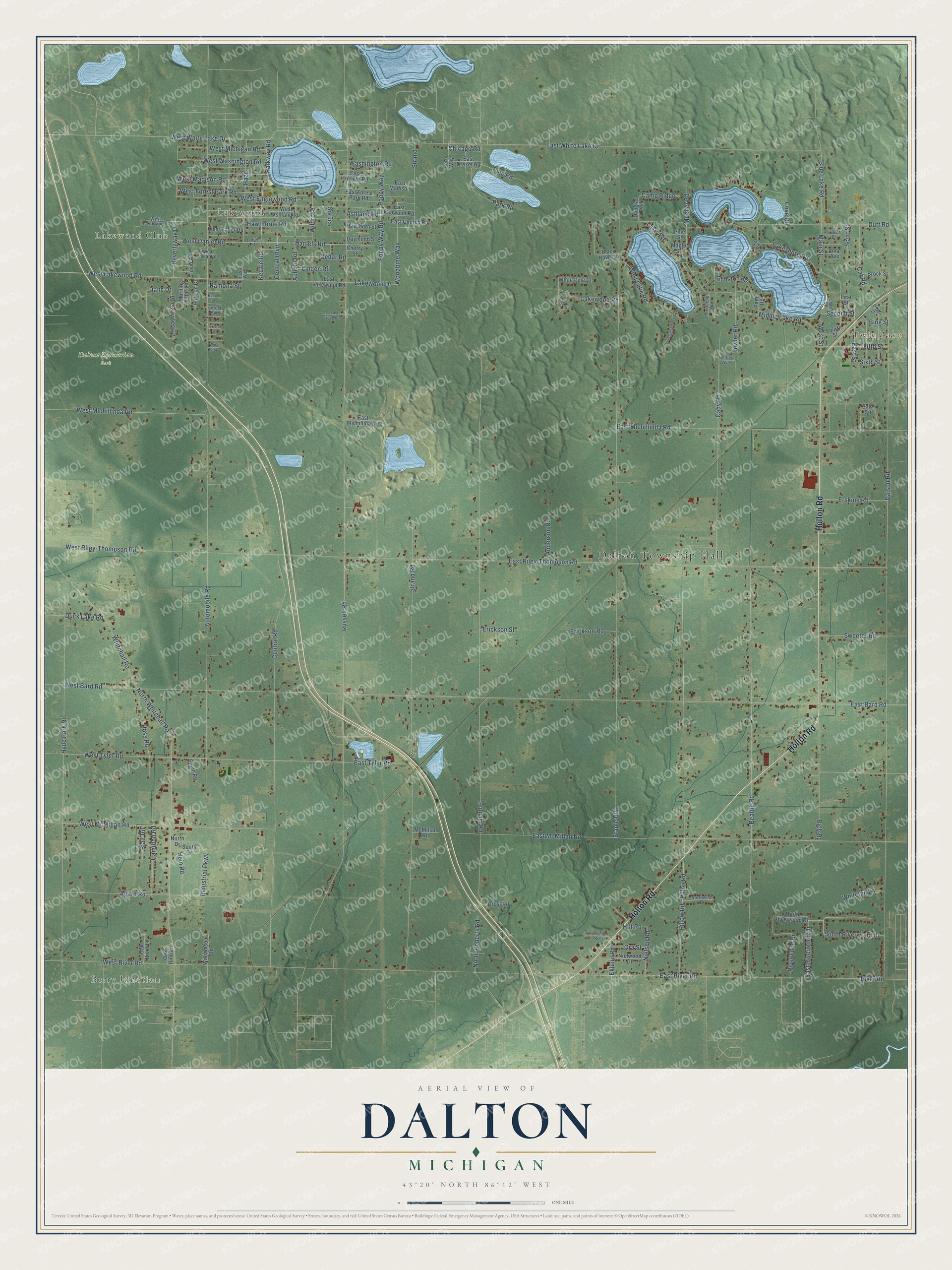 Full map of Dalton, Michigan, with red buildings, printed street names and the land around them