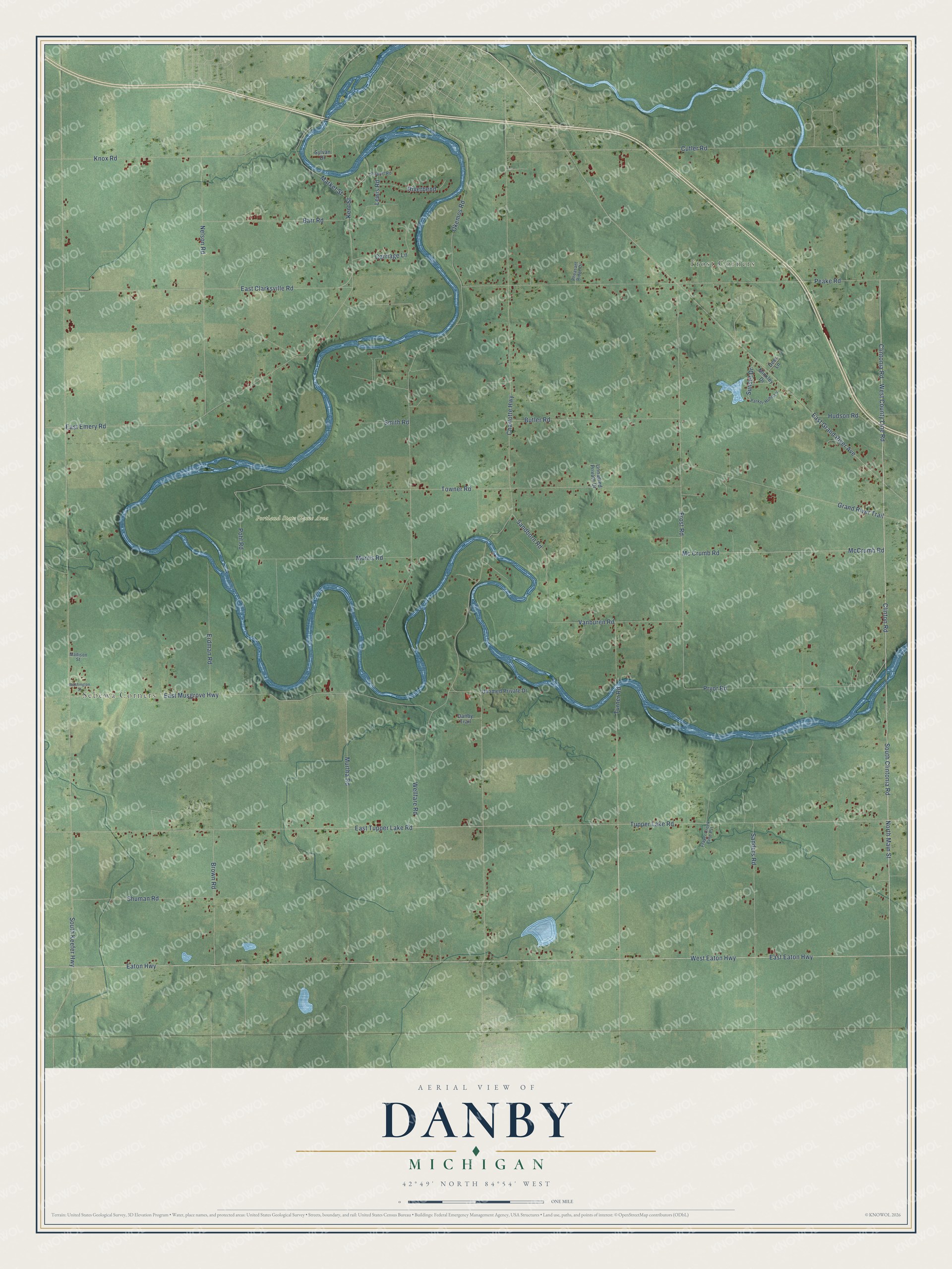 Full map of Danby, Michigan, with red buildings, printed street names and the land around them