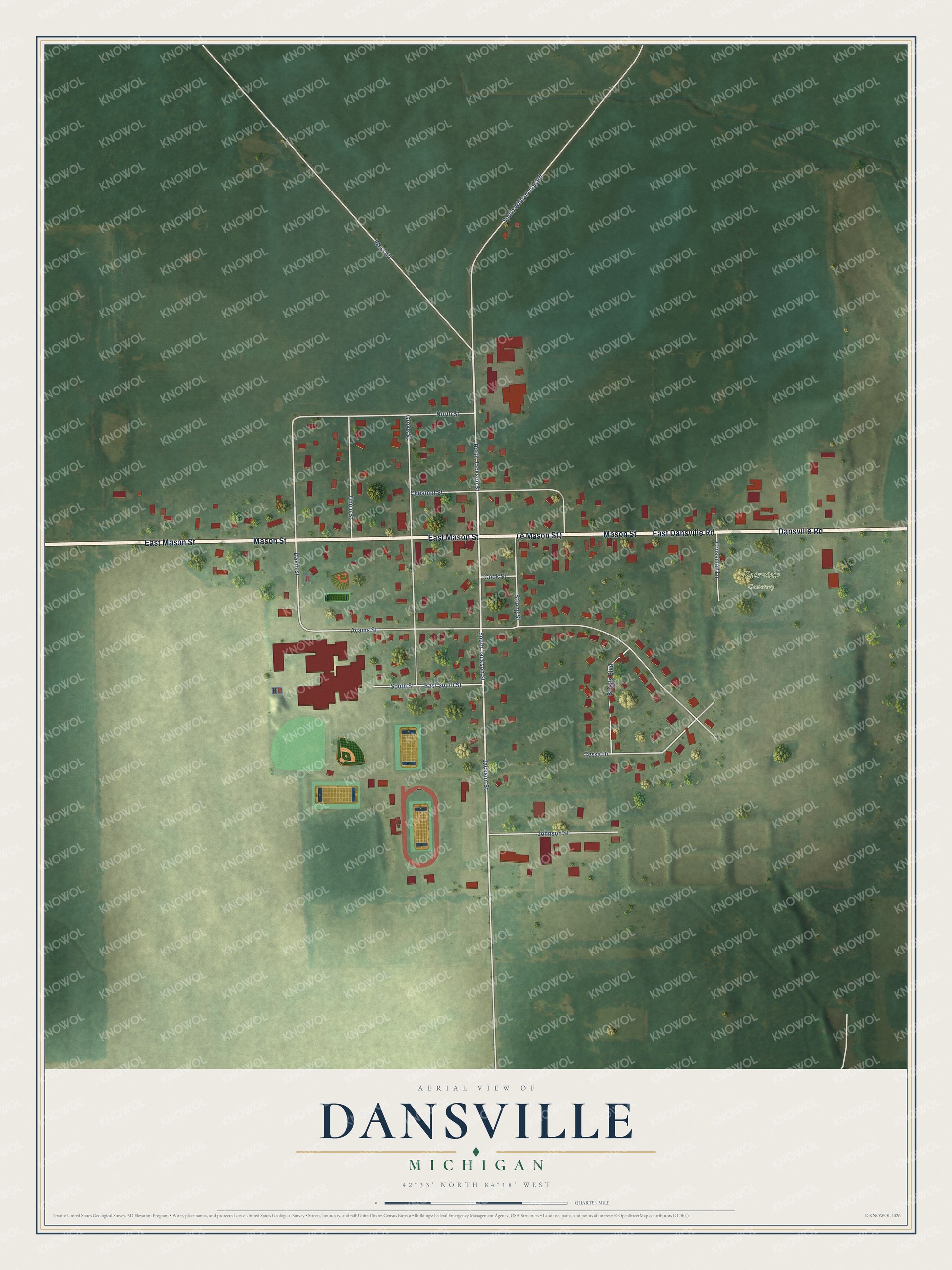 Full map of Dansville, Michigan, with red buildings, printed street names and the land around them
