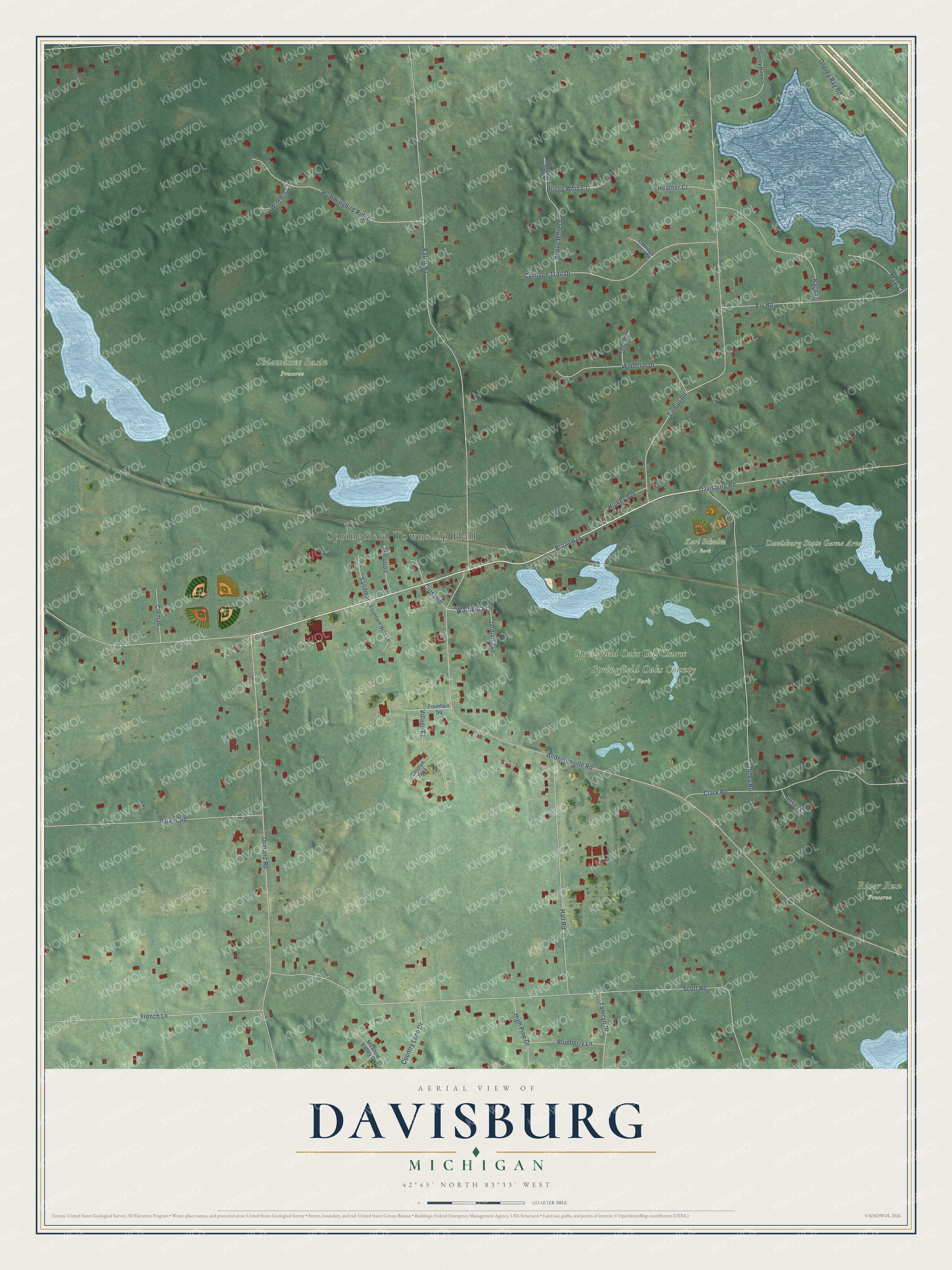 Full map of Davisburg, Michigan, with red buildings, printed street names and the land around them