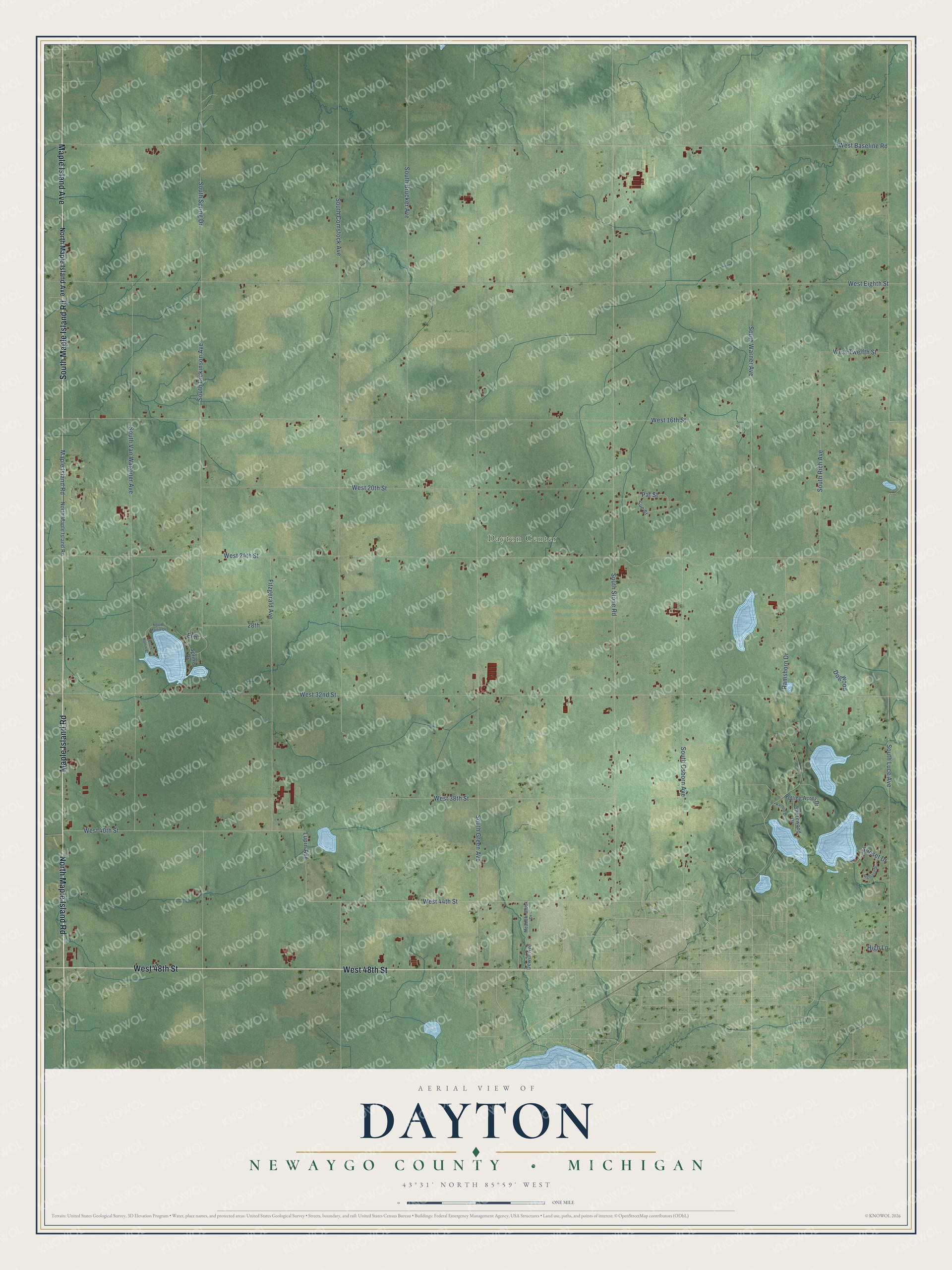 Full map of Dayton, Michigan, with red buildings, printed street names and the land around them