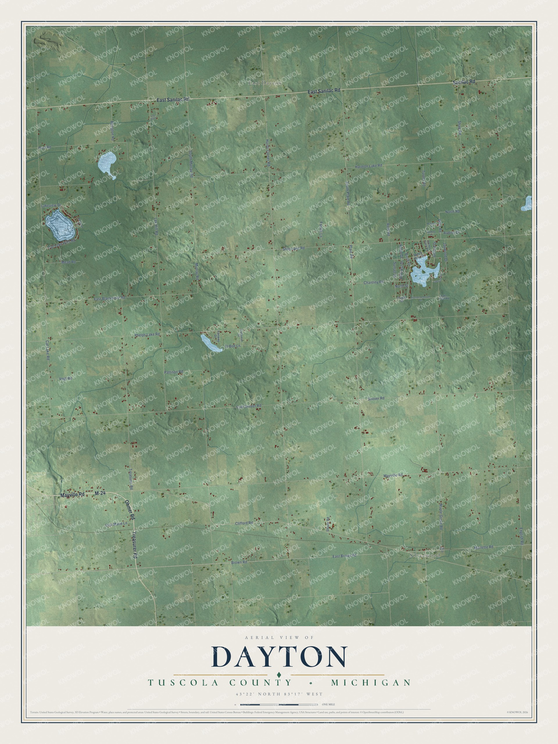 Full map of Dayton, Michigan, with red buildings, printed street names and the land around them