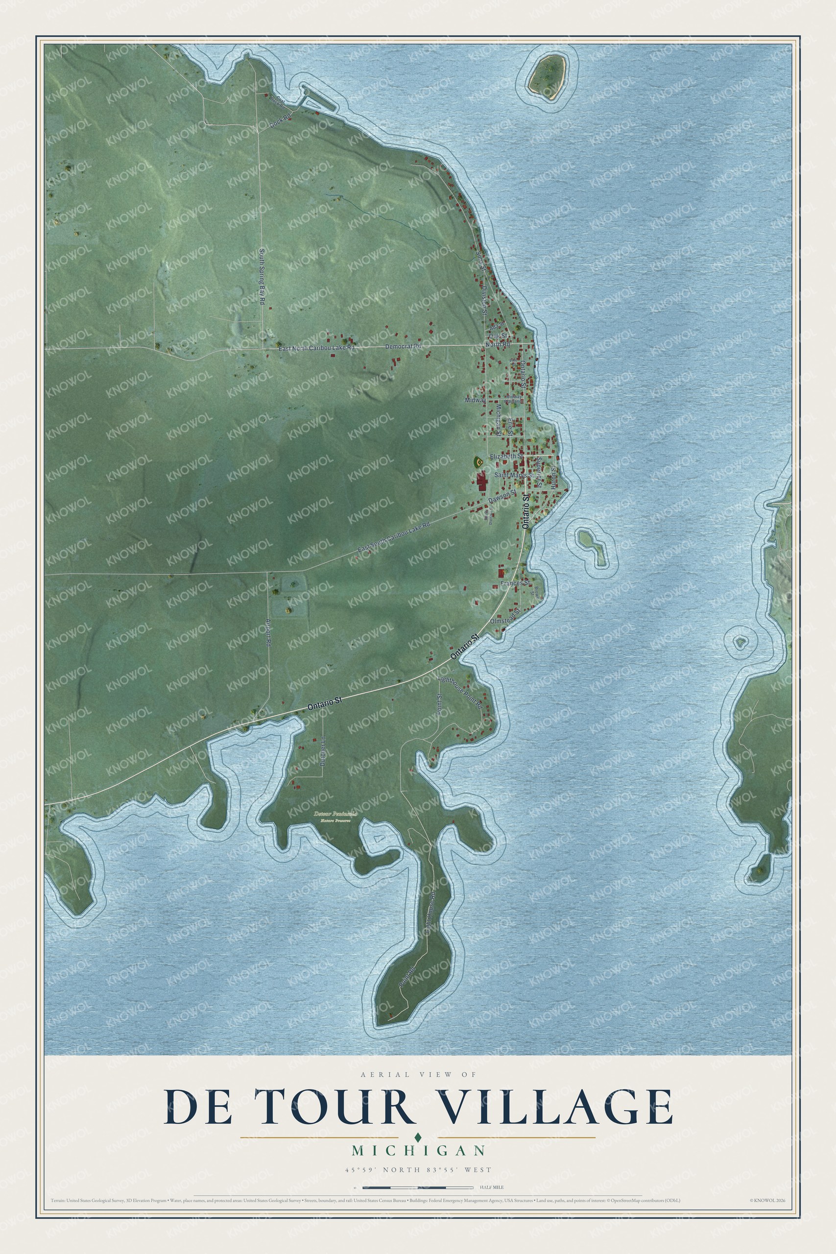 Full map of De Tour Village, Michigan, with red buildings, printed street names and the land around them
