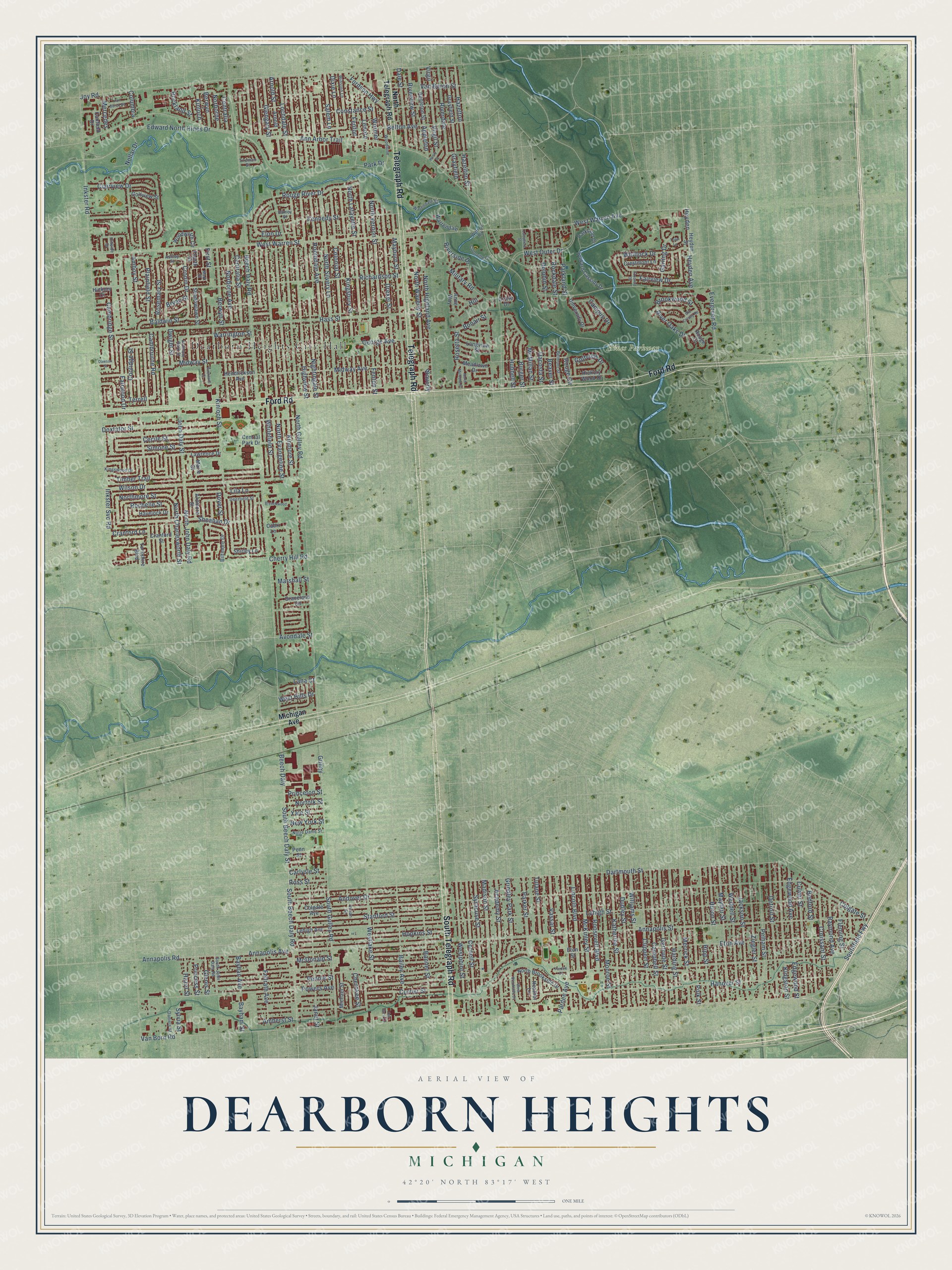 Full map of Dearborn Heights, Michigan, with red buildings, printed street names and the land around them