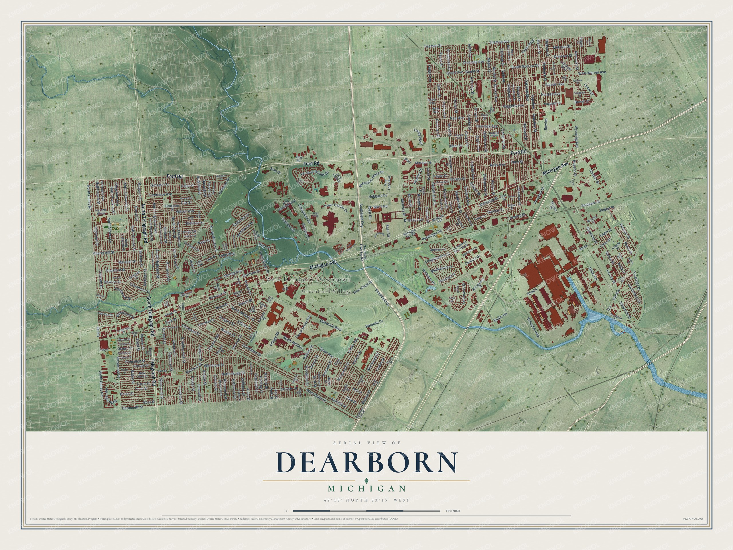 Full map of Dearborn, Michigan, with red buildings, printed street names and the land around them