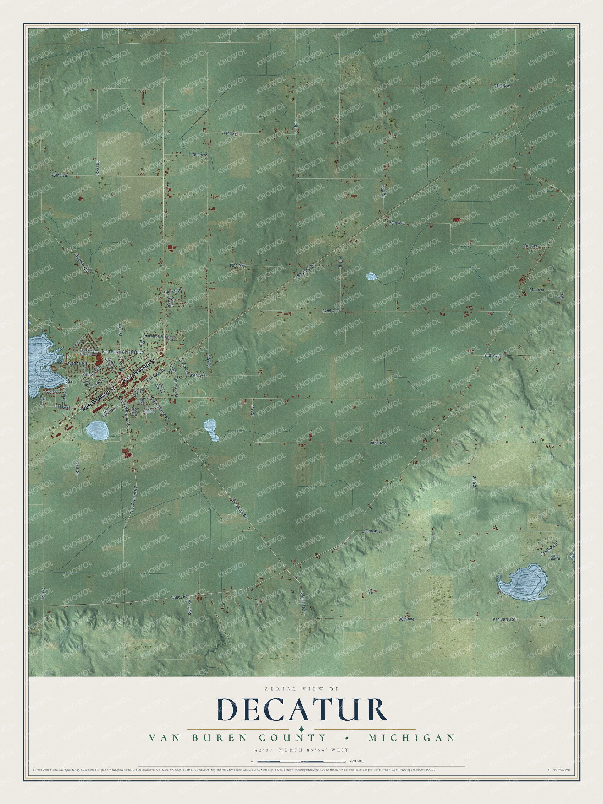 Full map of Decatur, Michigan, with red buildings, printed street names and the land around them
