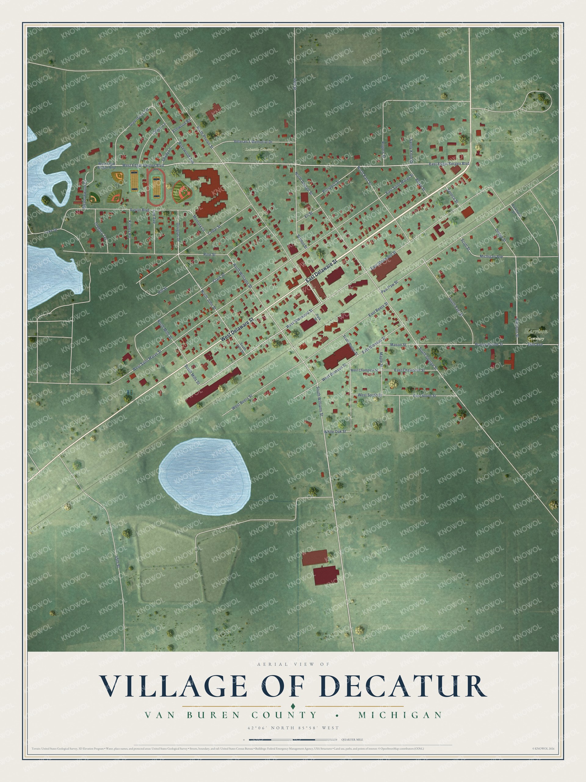 Full map of Decatur, Michigan, with red buildings, printed street names and the land around them